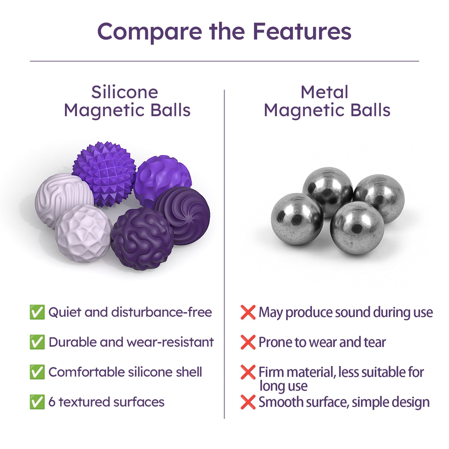 DIDUBUY Magnetic Fidget Balls for Adults & Teens, 6 Pcs Silicone Sensory Stress Relief Toys for Autism, Anxiety, Adhd, Quiet Desk Fidget Toy, Fun Gift Idea. Purple
