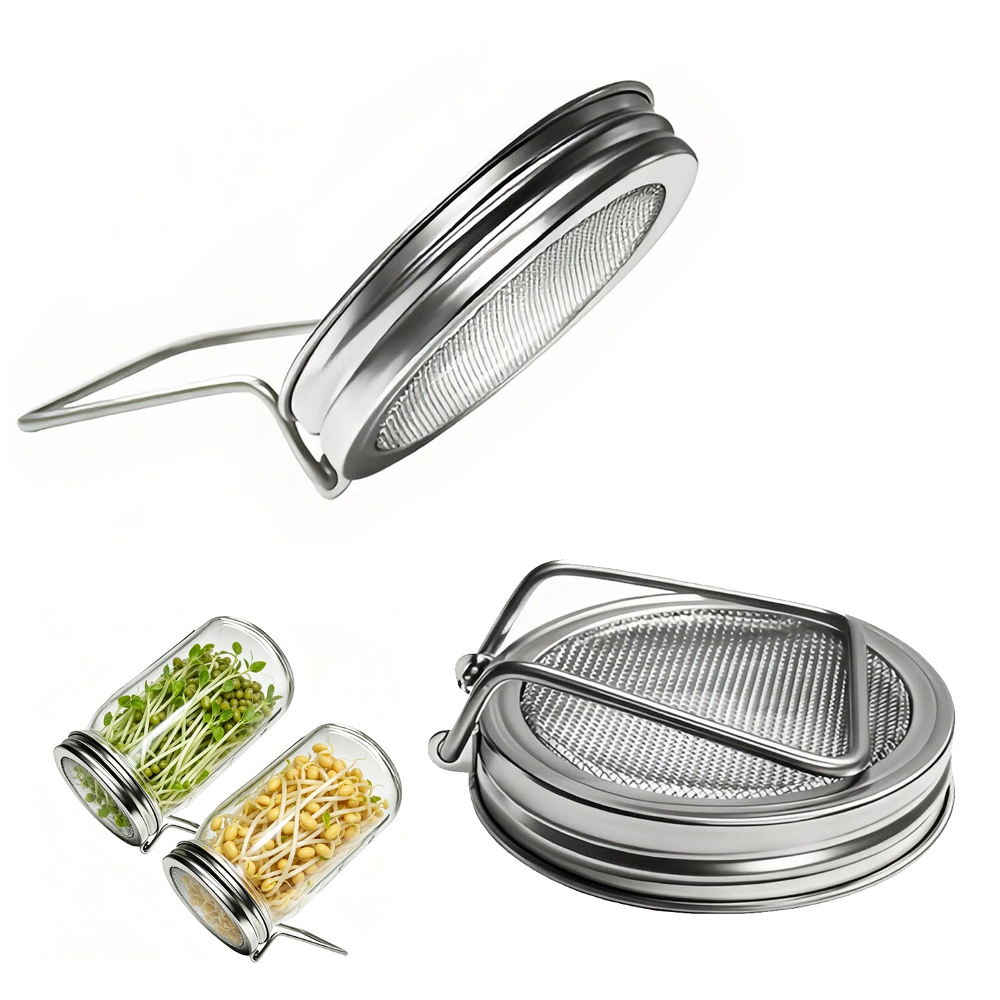 2 Pcs Wide Mouth Mason Jar Sprouting Lids, 2-in-1 Stainless Steel Reusable Germination Lid with Integrated Support Stand for Seed Sprout Growing