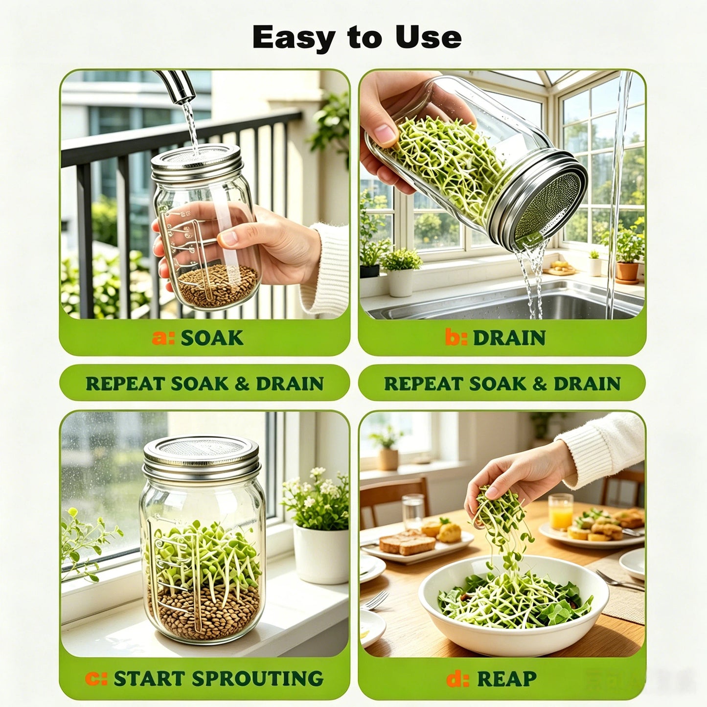4 Pack Seed Sprouting Lids, 304 Stainless Steel Mesh Strainer Lids for Wide Mouth Mason Jars, Growing Organic Sprouts, Food Sifter