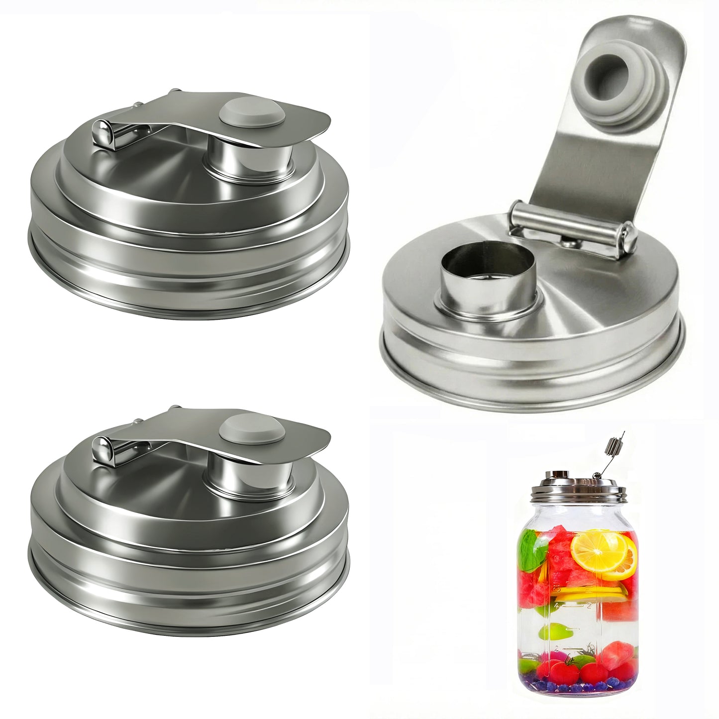 3 Pcs Wide-Mouth Mason Jar Lids With Pour Spout, Stainless Steel Airtight Flip Cap Lids, Leak Proof For Storage Drinking Meal Prep