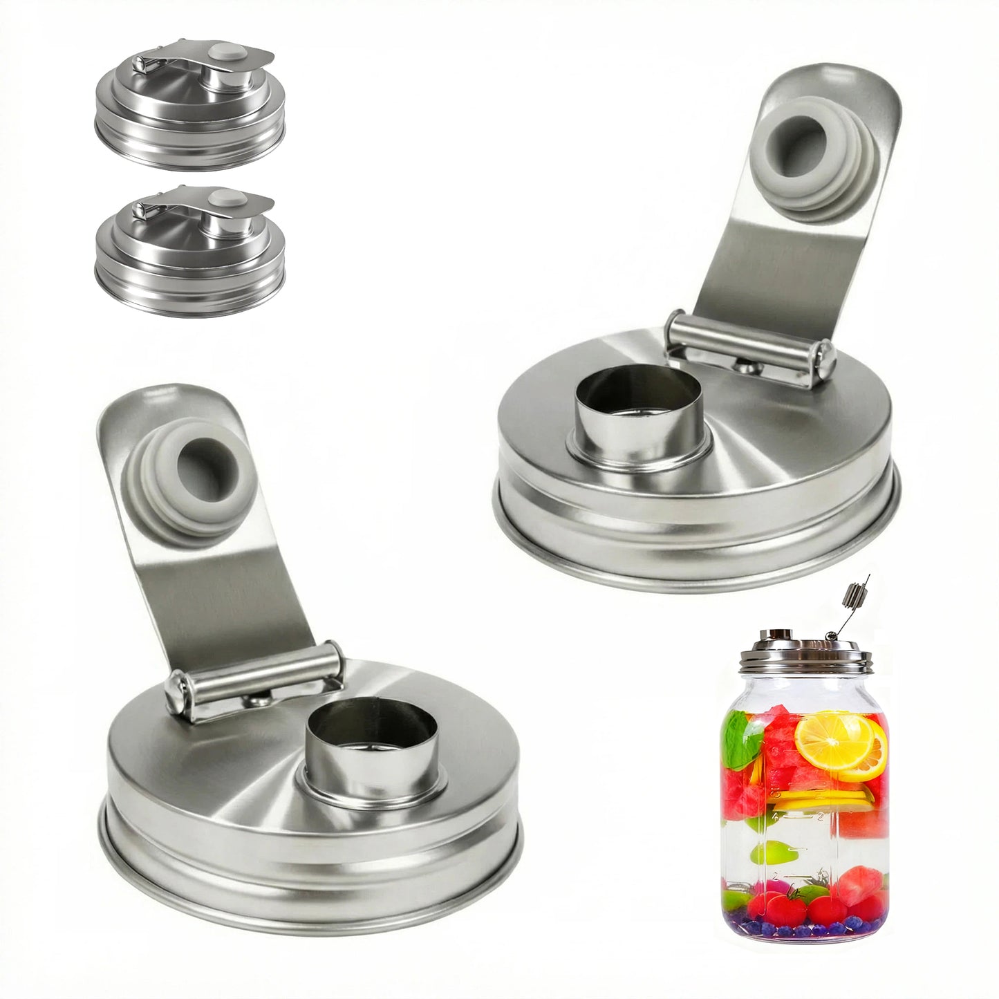 DIDUBUY 2PCS Wide-mouth Mason Jar Lids with Pour Spout | Stainless Steel Airtight Flip Cap Lids – Leak Proof for Storage, Drinking & Meal Prep