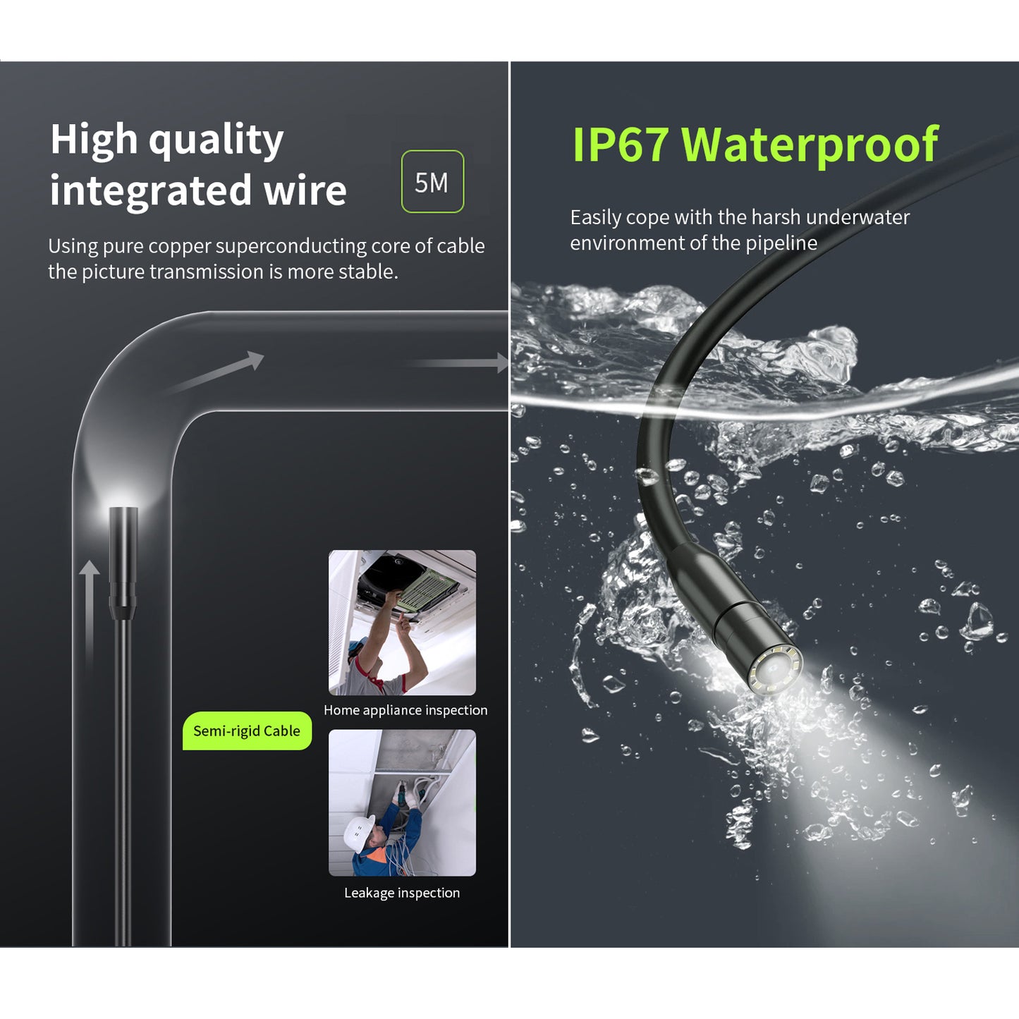4.3" Borescope Camera with Light, 1080P HD Endoscope Snake Inspection Camera, 16.5ft Semi-Rigid Cable, IP67 Waterproof, 2600mAh Rechargeable Battery