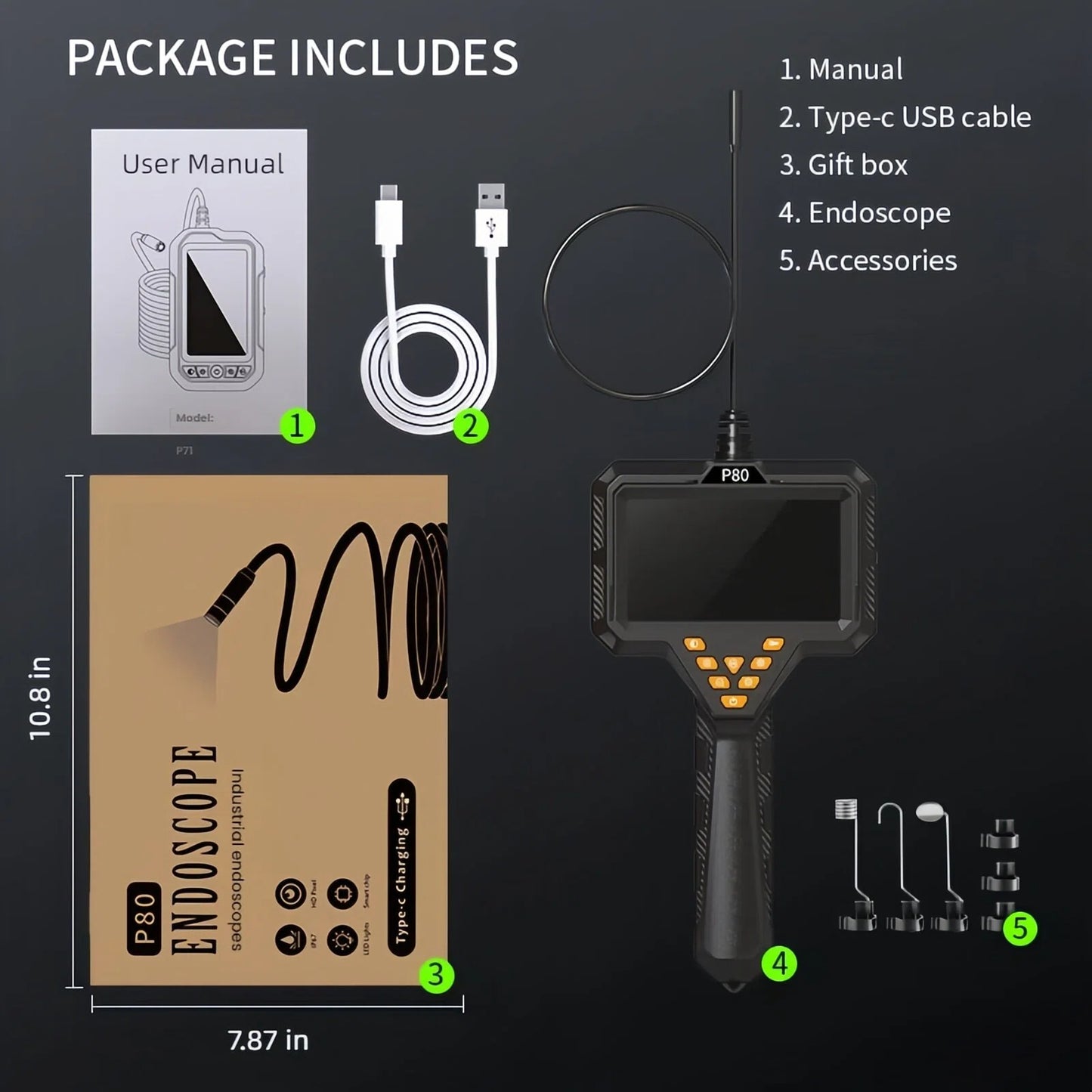 4.3" Borescope Camera with Light, 2600mAh Rechargeable Battery, 1080P HD Endoscope Snake Inspection Camera, 16.5ft Semi-Rigid Cable, IP67 Waterproof