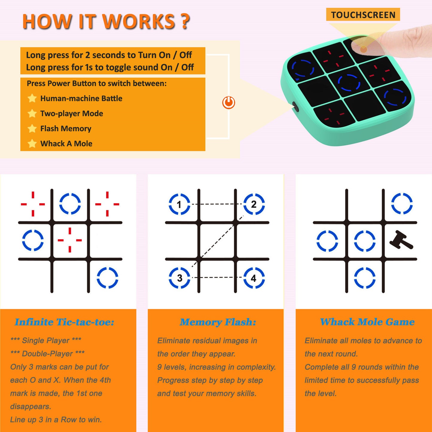 DIDUBUY Electronic Tic Tac Toe Game, Upgraded 4-in-1 Handheld Digital Puzzle Game Console, Portable Travel Toys, Ideal Gift for Kids of All Ages, Green