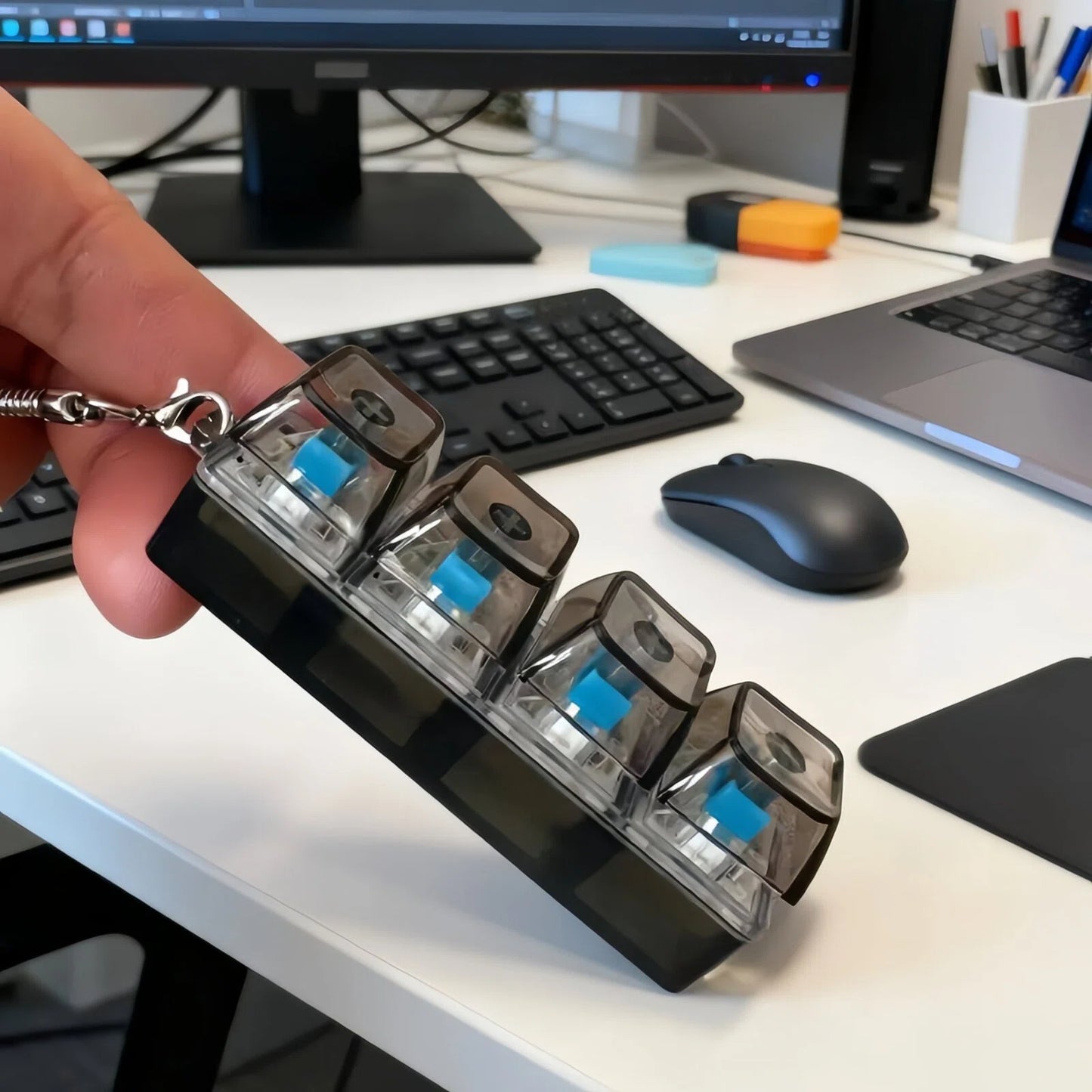 3 Pack Keyboard Fidget Keychain Toy with LED Light, 4-in-1 Button Clicker Desk Toys for Stress Relief & Focus, Portable Travel for 18+