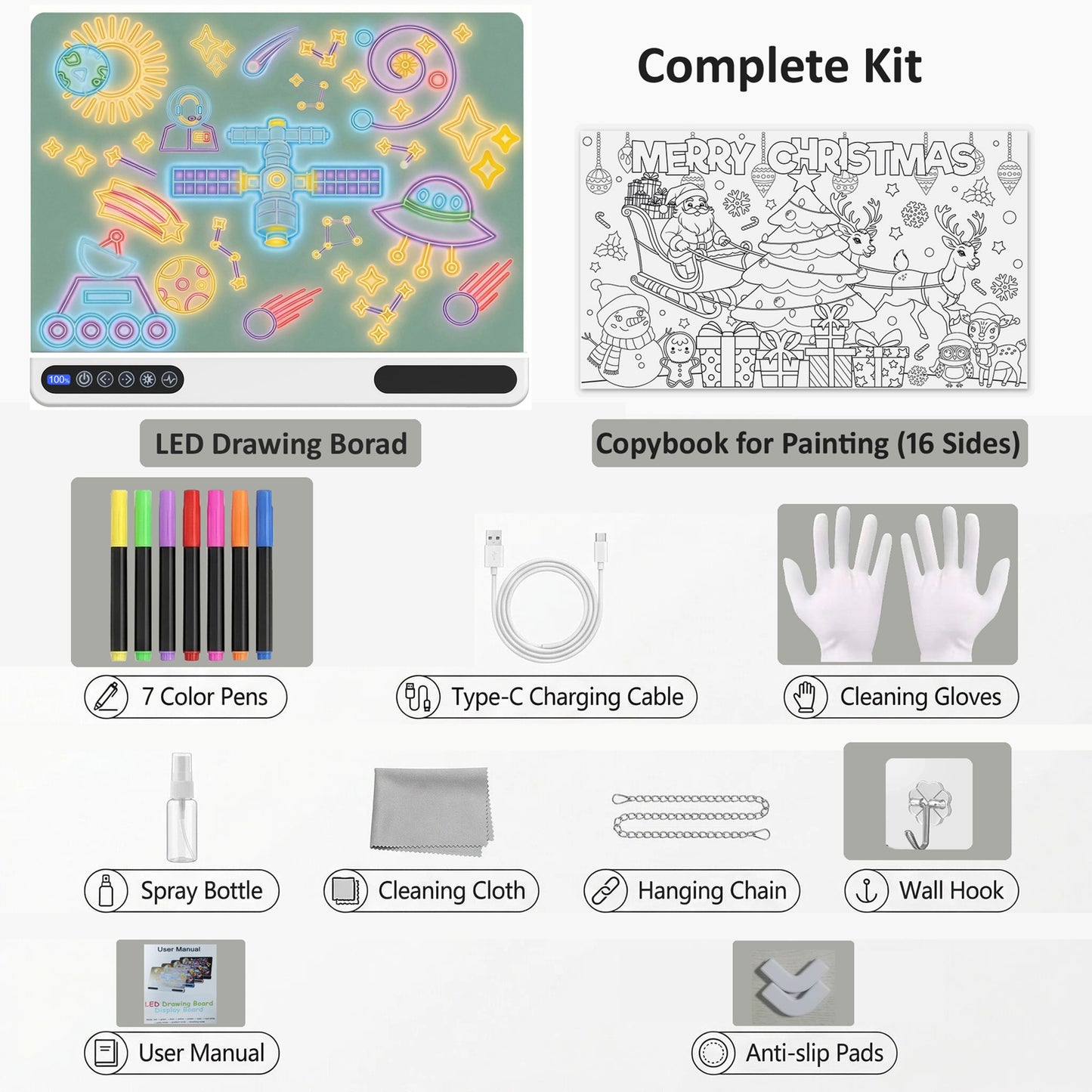 16 inch Rechargeable LED Drawing Board for Kids, 10-Color Light Up Doodle Pad, 1500mAh Battery, Digital Display, Touch Buttons & Built-in Stand, White