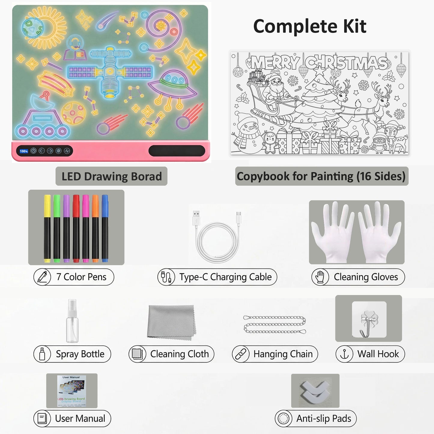 16 inch Rechargeable LED Drawing Board for Kids, 10-Color Light Up Doodle Pad, 1500mAh Battery, Digital Display, Touch Buttons & Built-in Stand, Pink