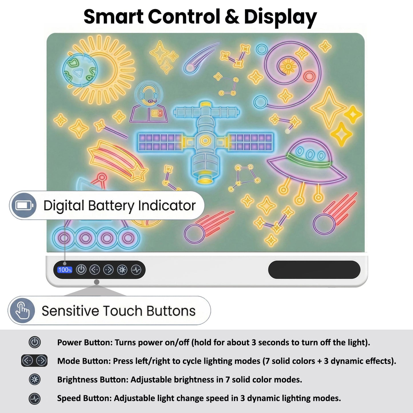16 inch Rechargeable LED Drawing Board for Kids, 10-Color Light Up Doodle Pad, 1500mAh Battery, Digital Display, Touch Buttons & Built-in Stand, White