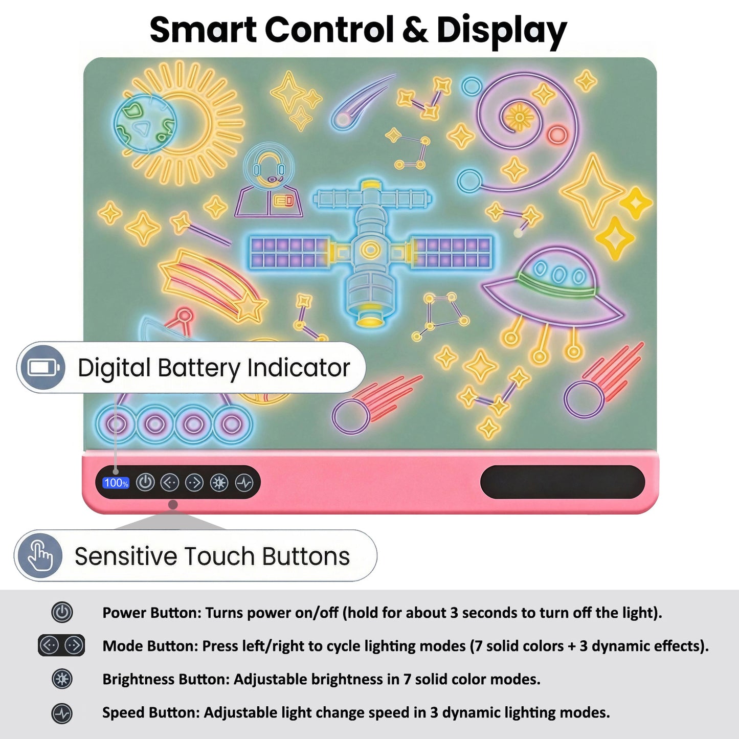 16 inch Rechargeable LED Drawing Board for Kids, 10-Color Light Up Doodle Pad, 1500mAh Battery, Digital Display, Touch Buttons & Built-in Stand, Pink