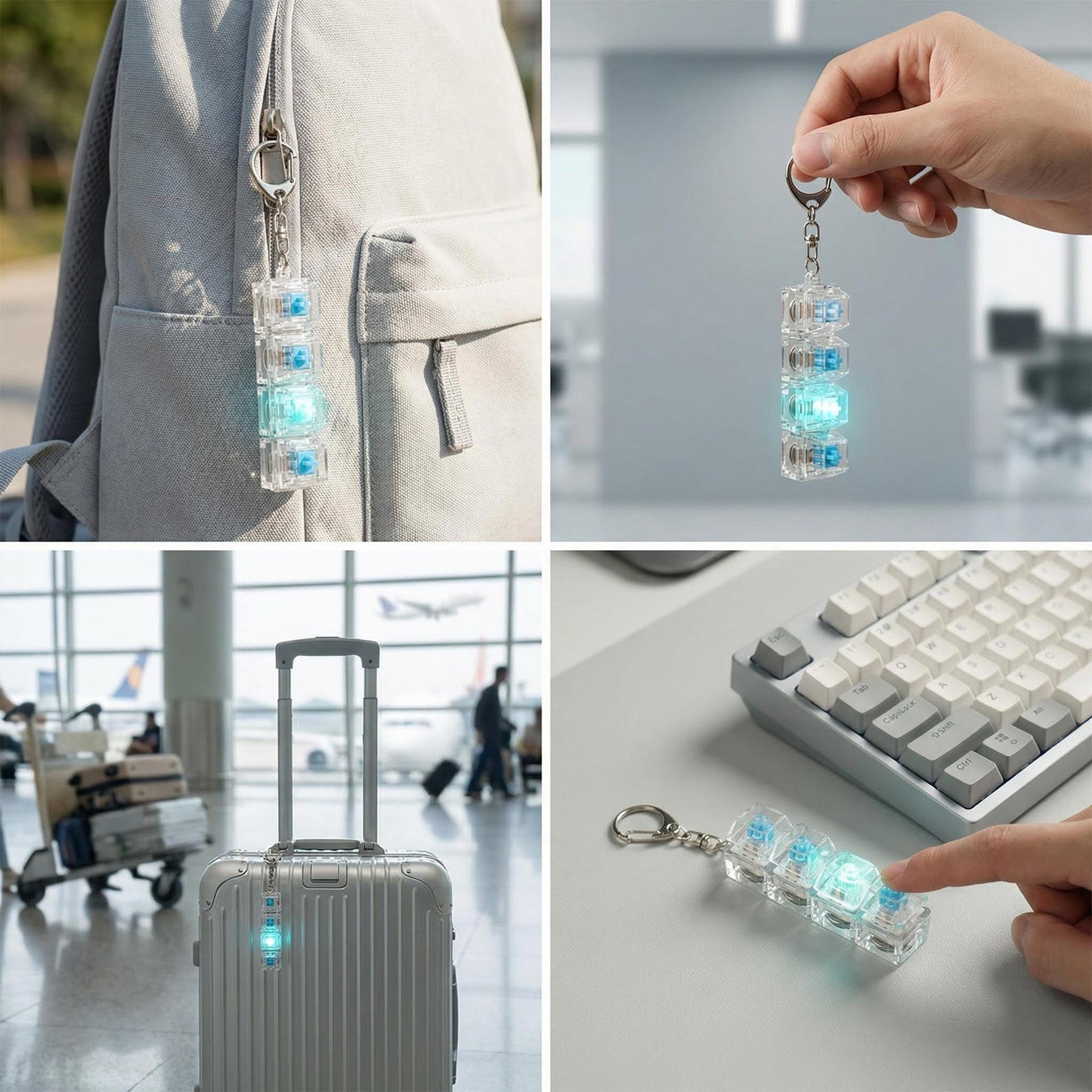 3 Pack Keyboard Fidget Keychain Toy with LED Light, 4-in-1 Button Clicker Desk Toys for Stress Relief & Focus, Portable Travel for 18+