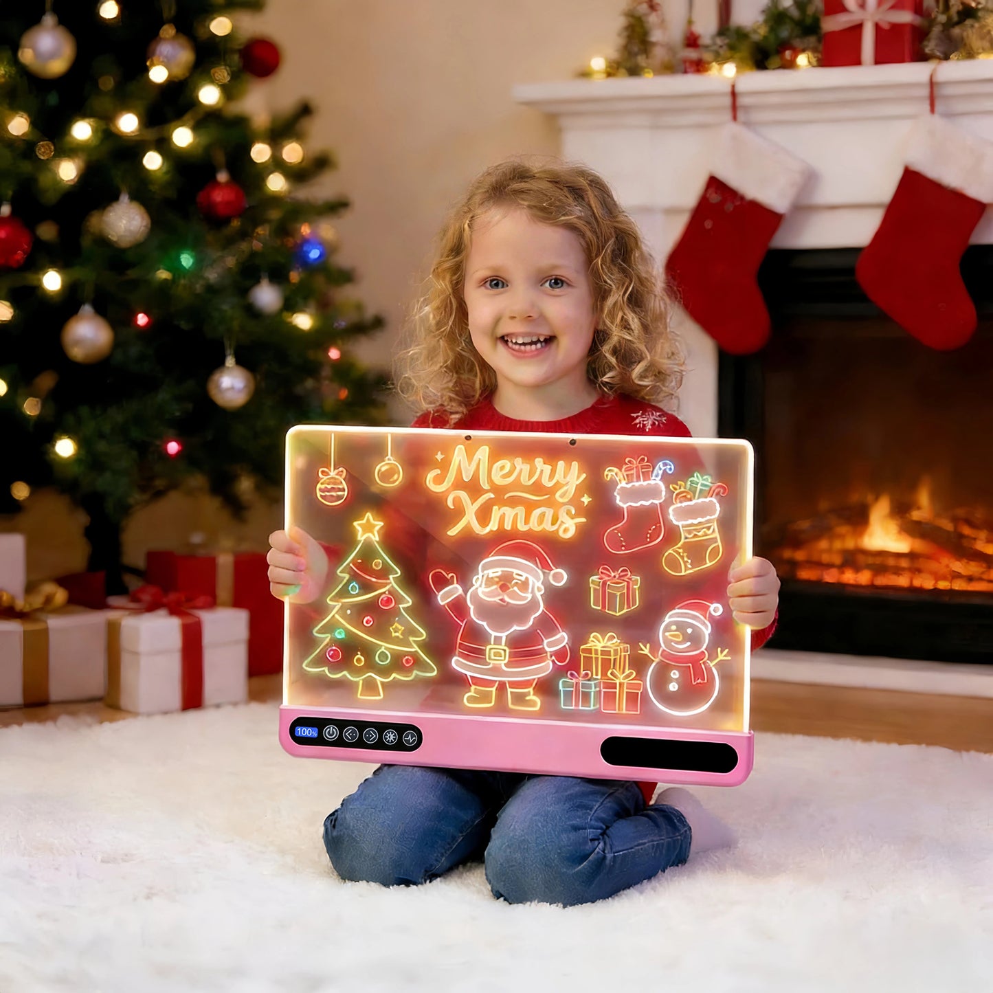 16 inch Rechargeable LED Drawing Board for Kids, 10-Color Light Up Doodle Pad, 1500mAh Battery, Digital Display, Touch Buttons & Built-in Stand, Pink