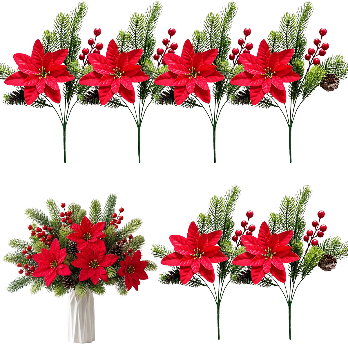 6 Pcs Artificial Plants Flowers Christmas Floral Picks, Velvet Poinsettia with Pine Cones Red Berries Pine Needles, Flexible Stems for Xmas Tree Thanksgiving Winter Table Centerpieces Indoor