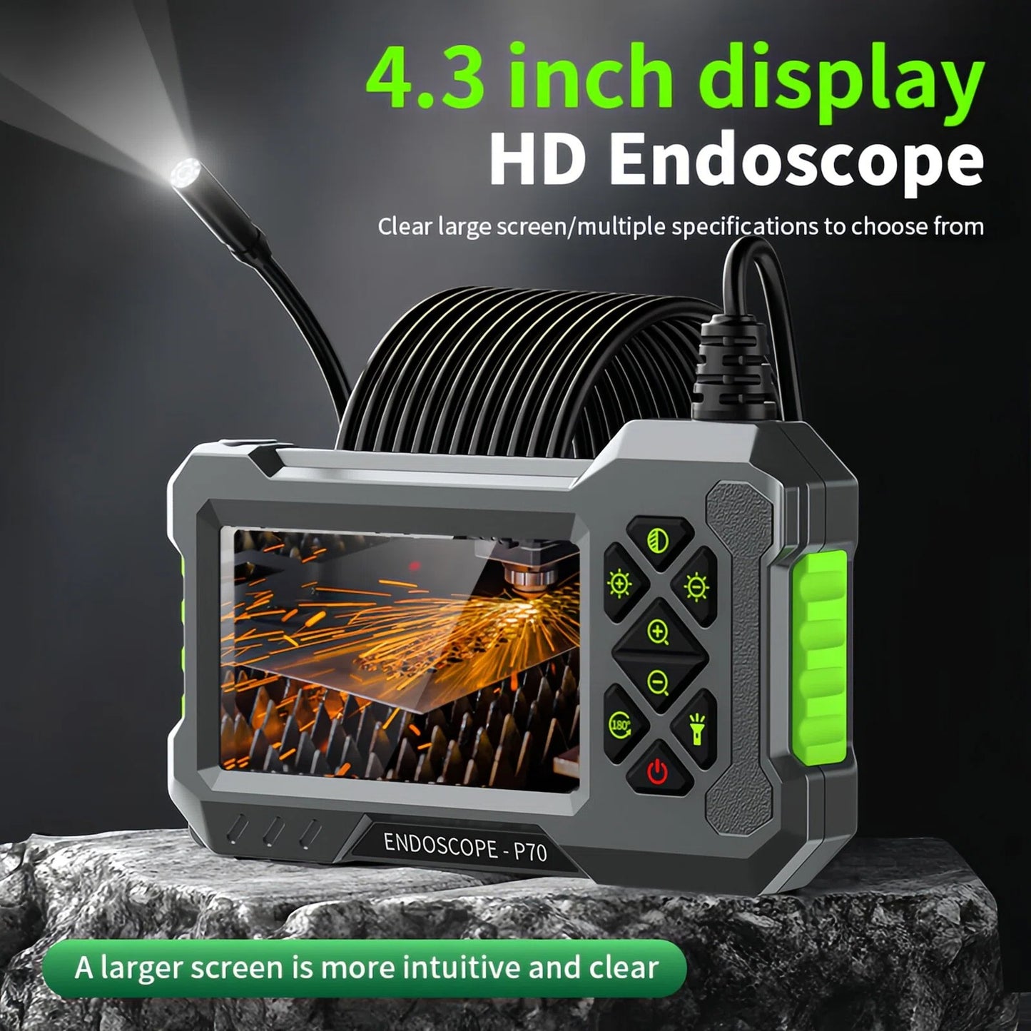 4.3" Borescope Camera with Light, 1080P HD Endoscope Snake Inspection Camera, 16.5ft Semi-Rigid Cable, IP67 Waterproof, 2600mAh Rechargeable Battery