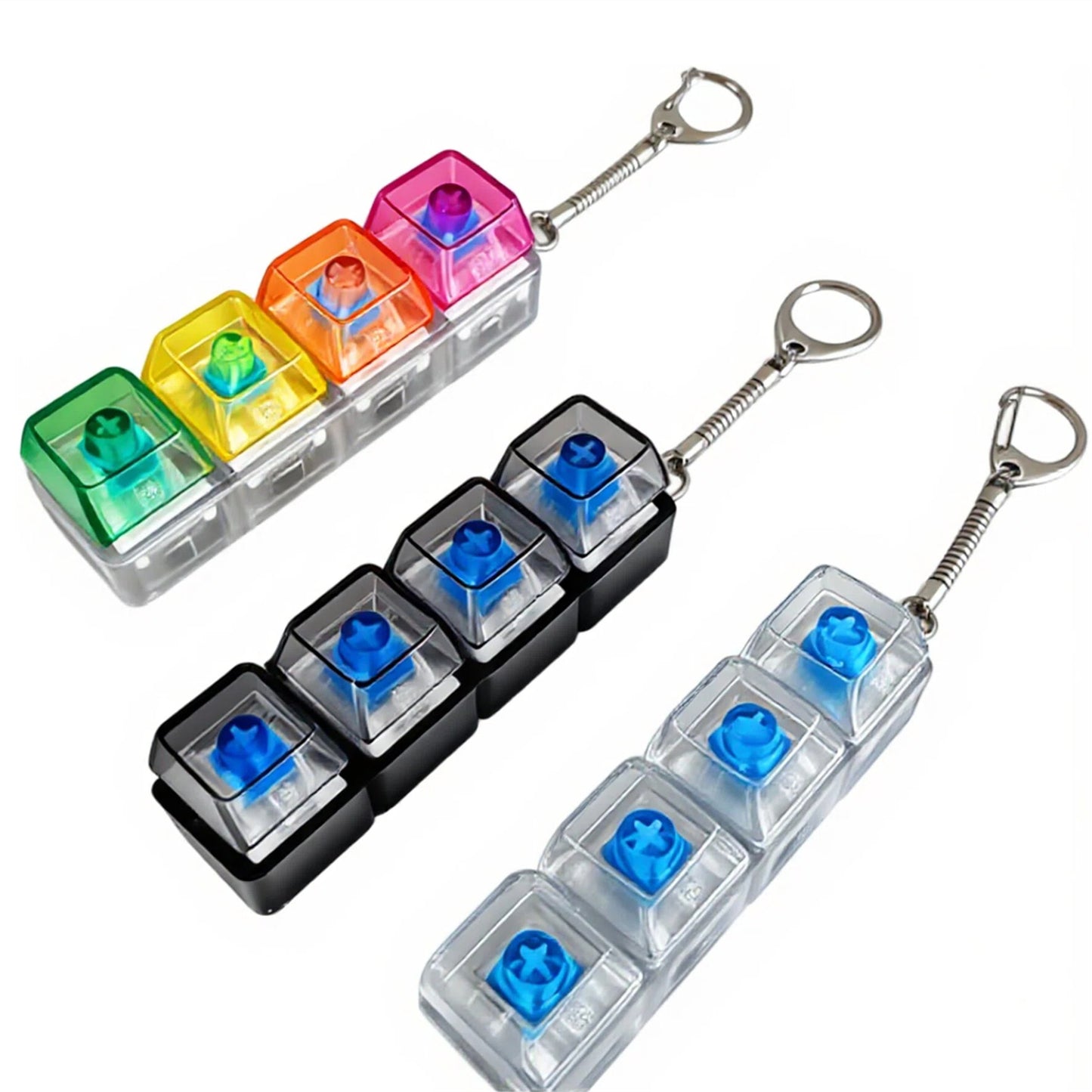 3 Pack Keyboard Fidget Keychain Toy with LED Light, 4-in-1 Button Clicker Desk Toys for Stress Relief & Focus, Portable Travel for 18+