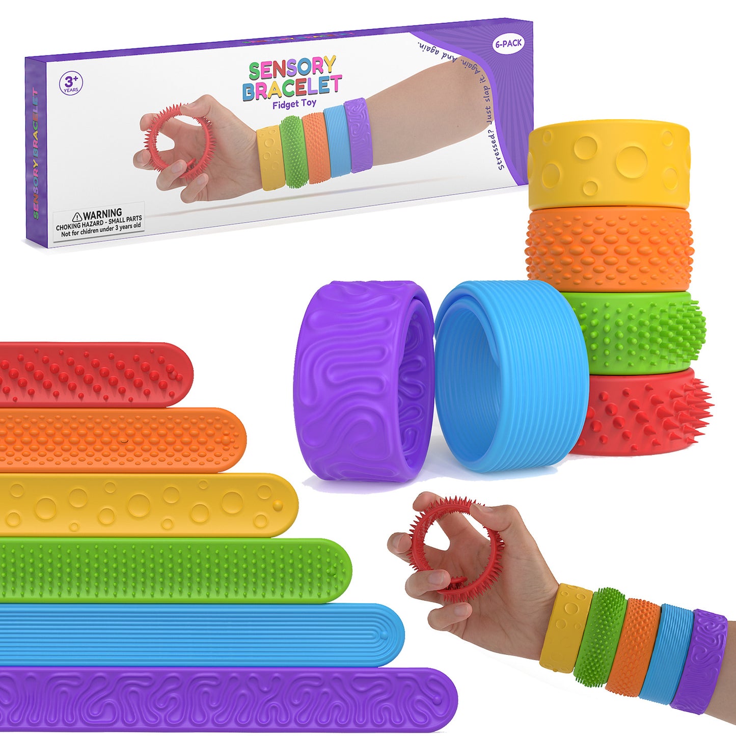 DIDUBUY 6 pack Textured Silicone Slap Bracelets | Sensory Fidget Toys for Kids & Adults | Wearable Stress Relief for Anxiety, Autism, ADHD | Travel Toy
