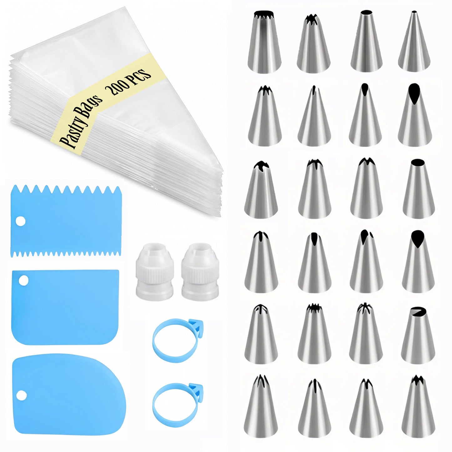 Piping Bags and Tips Set, 231 Pcs Cake Decorating Supplies Kit, 12 Inch Disposable Anti Burst Icing Bags, Frosting Tips, Couplers, Bag Ties, Cake Scrapers