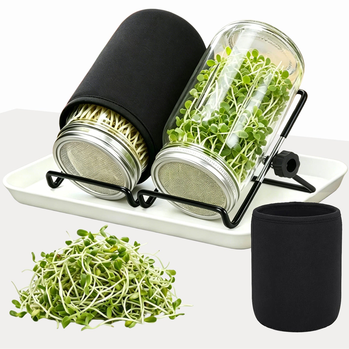 2 Set Sprouting Jar Kit, 32oz Wide Mouth Mason Jars with Sprout Lids, Stand, Drain Tray & Blackout Sleeves - Seed Sprouter Kit for Growing Mung Beans, Broccoli, Alfalfa Microgre