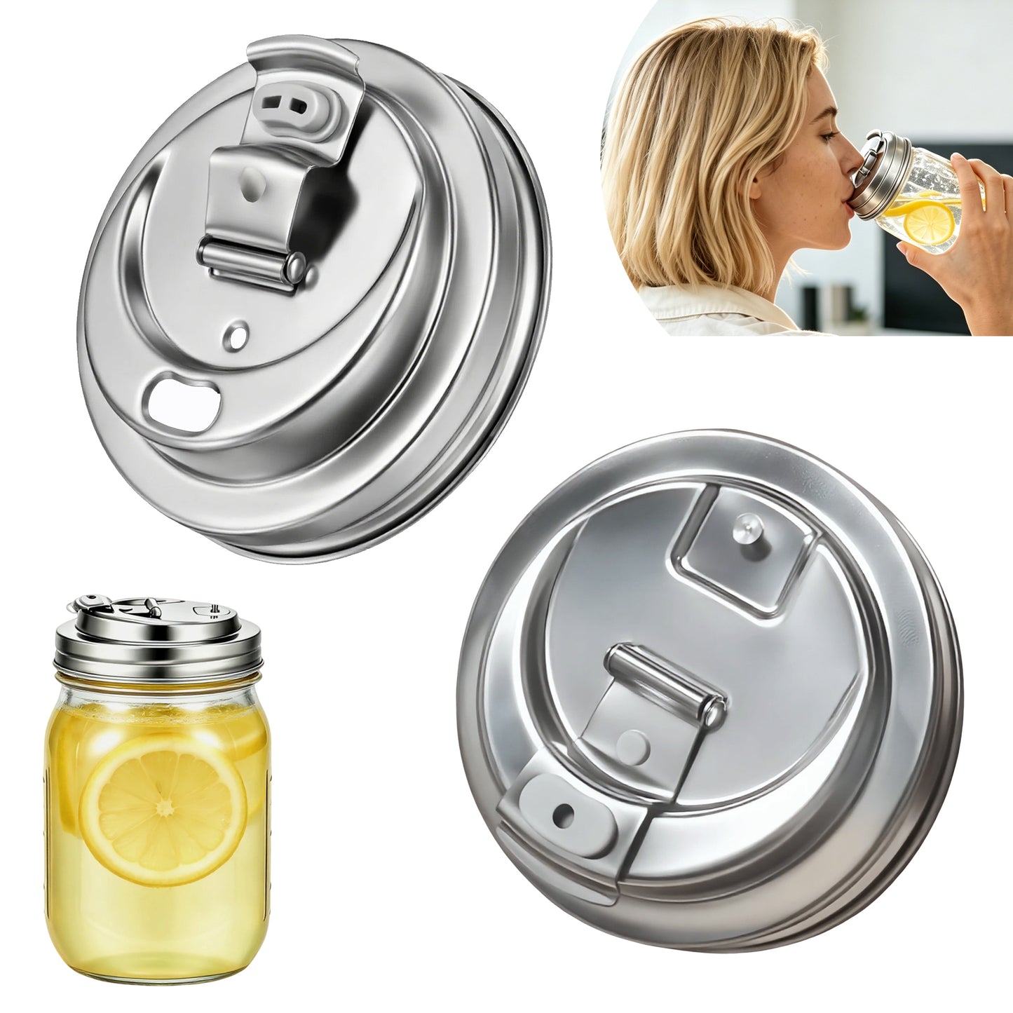 2 Pack Wide Mouth Mason Jar Drinking Lids, Stainless Steel Flip Top Lid, Airtight Leak Proof Anti-Crack Jar Cap for Iced Coffee Smoothie Cold Drinks