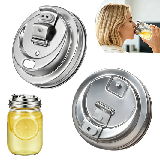 2 Pack Wide Mouth Mason Jar Drinking Lids, Stainless Steel Flip Top Lid, Airtight Leak Proof Anti-Crack Jar Cap for Iced Coffee Smoothie Cold Drinks