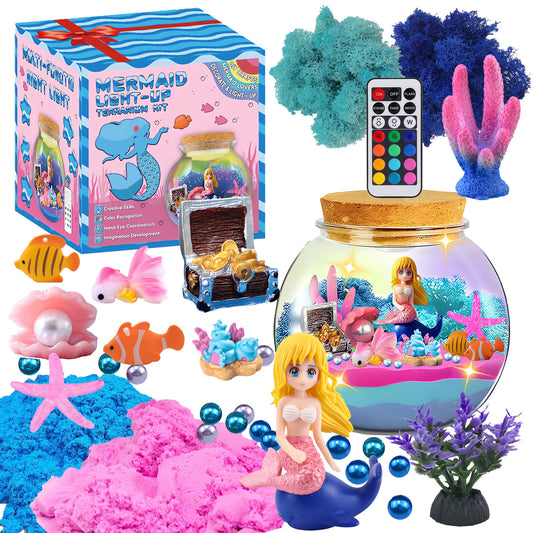 DIDUBUY Mermaid Terrarium Craft Kit for Kids, 13 Colors LED Night Light with Remote, Creative Birthday Gift for Girls Age 3-12, DIY Your Own Ocean Theme Decor