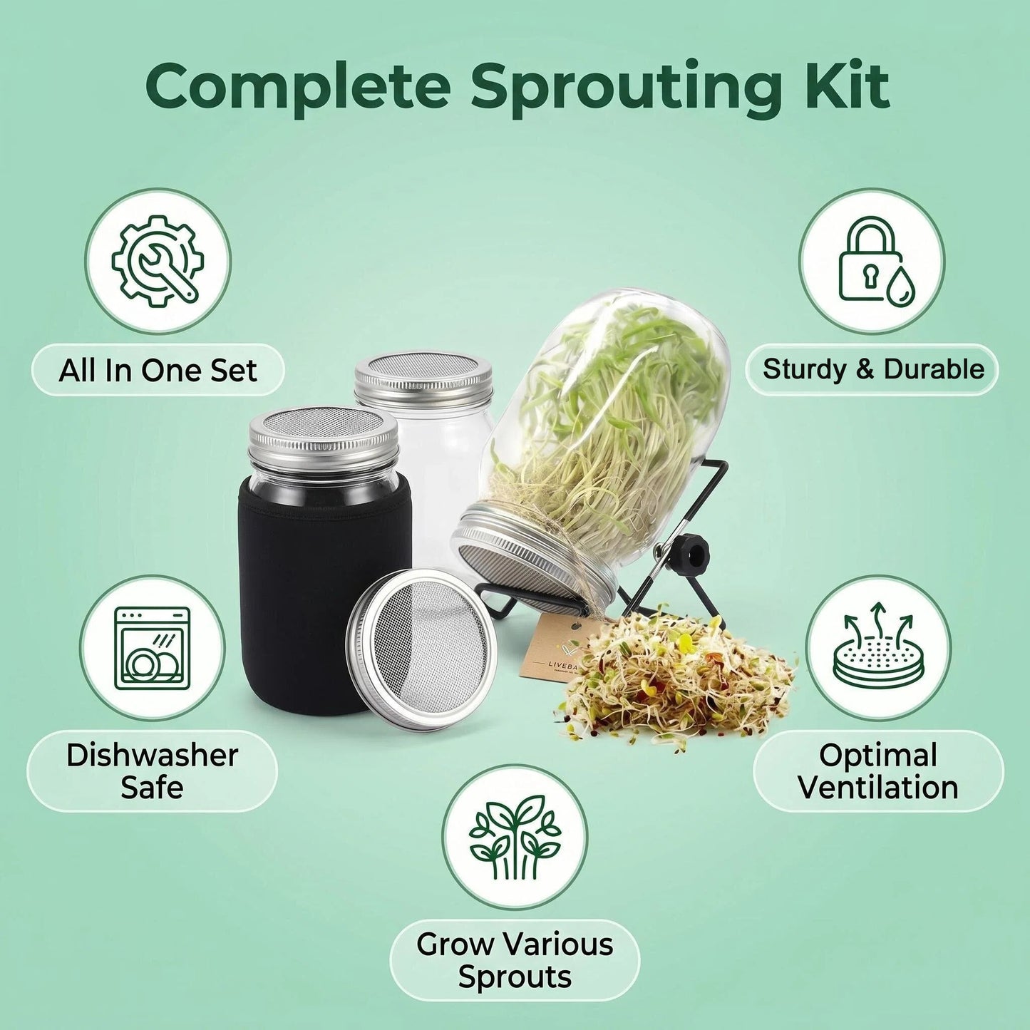 2 Set Sprouting Jar Kit, 32oz Wide Mouth Mason Jars with Sprout Lids, Stand, Drain Tray & Blackout Sleeves - Seed Sprouter Kit for Growing Mung Beans, Broccoli, Alfalfa Microgre