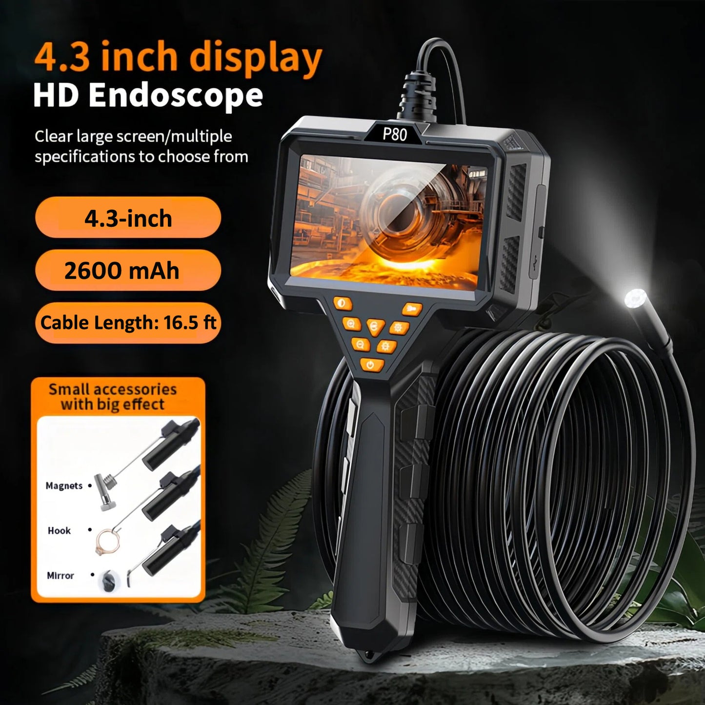4.3" Borescope Camera with Light, 2600mAh Rechargeable Battery, 1080P HD Endoscope Snake Inspection Camera, 16.5ft Semi-Rigid Cable, IP67 Waterproof