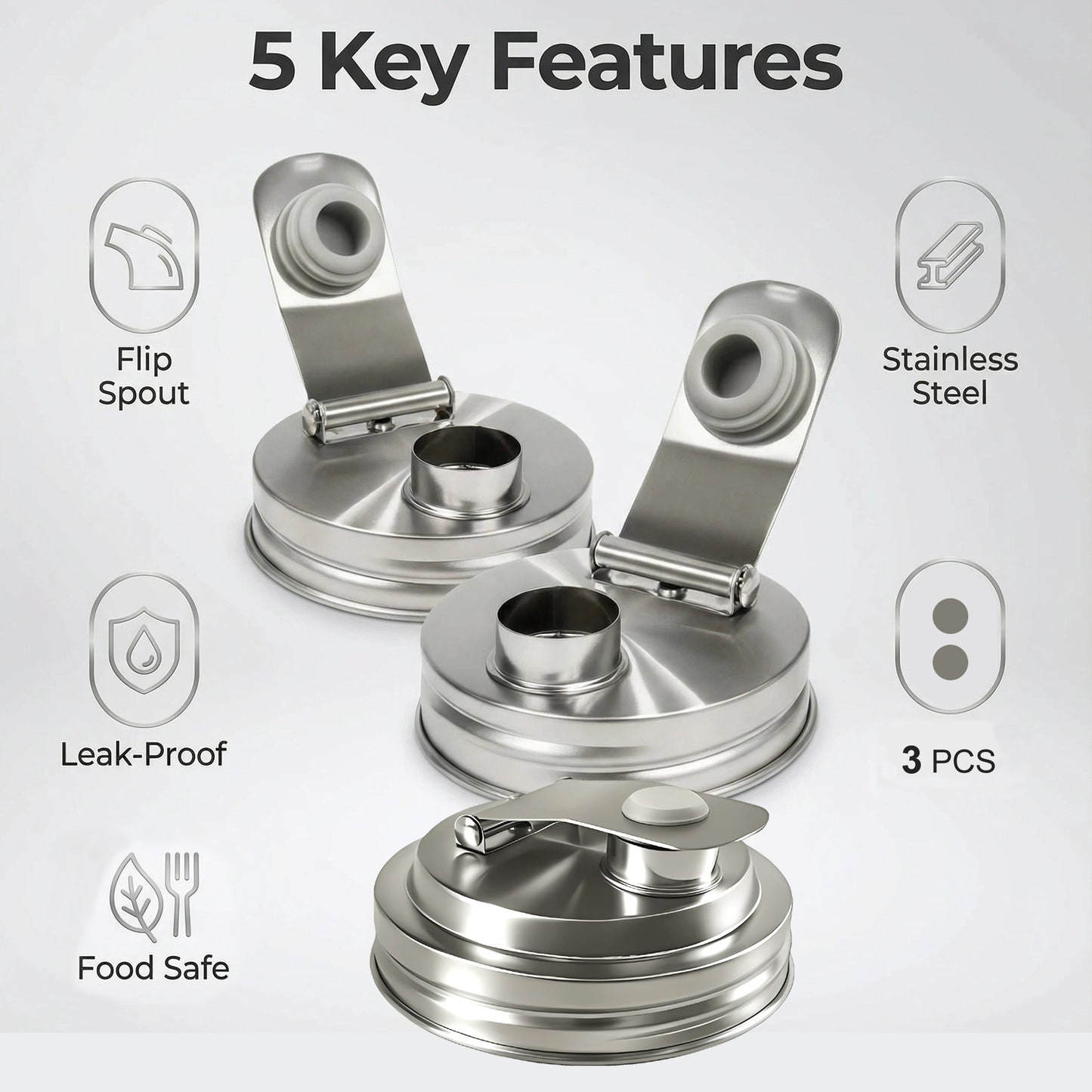 3 Pcs Wide-Mouth Mason Jar Lids With Pour Spout, Stainless Steel Airtight Flip Cap Lids, Leak Proof For Storage Drinking Meal Prep