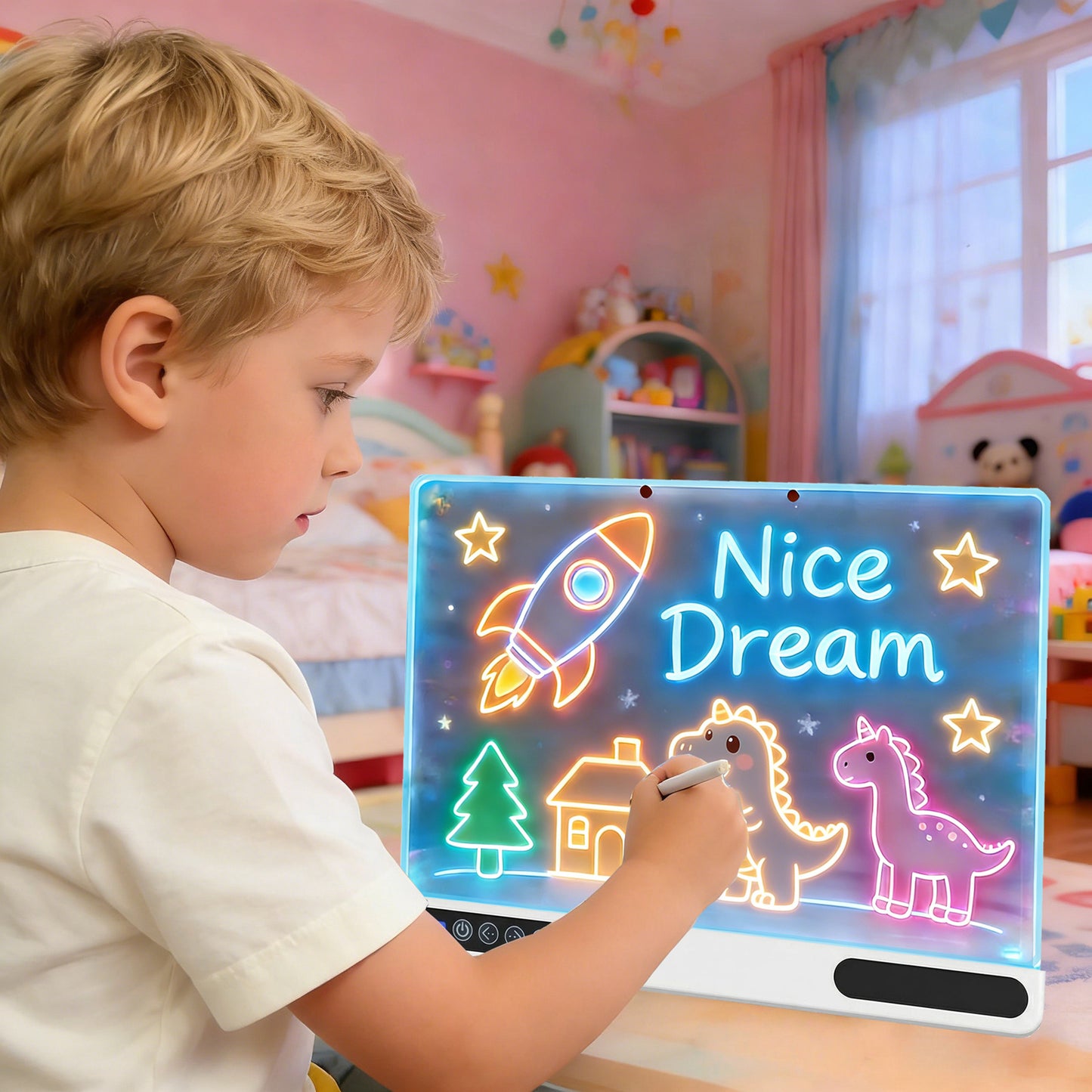 16 inch Rechargeable LED Drawing Board for Kids, 10-Color Light Up Doodle Pad, 1500mAh Battery, Digital Display, Touch Buttons & Built-in Stand, White