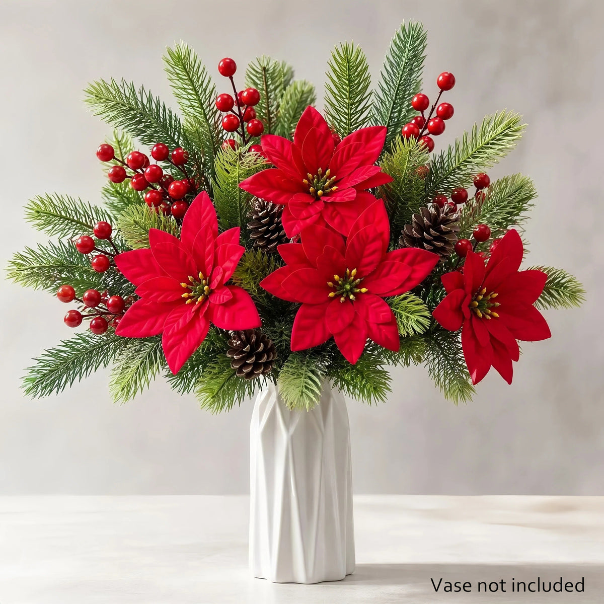 6 Pcs Artificial Plants Flowers Christmas Floral Picks, Velvet Poinsettia with Pine Cones Red Berries Pine Needles, Flexible Stems for Xmas Tree Thanksgiving Winter Table Centerpieces Indoor