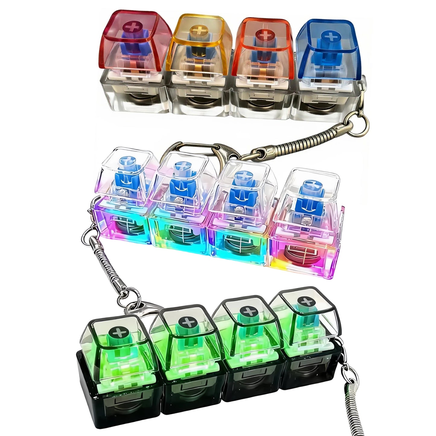3 Pack Keyboard Fidget Keychain Toy with LED Light, 4-in-1 Button Clicker Desk Toys for Stress Relief & Focus, Portable Travel for 18+