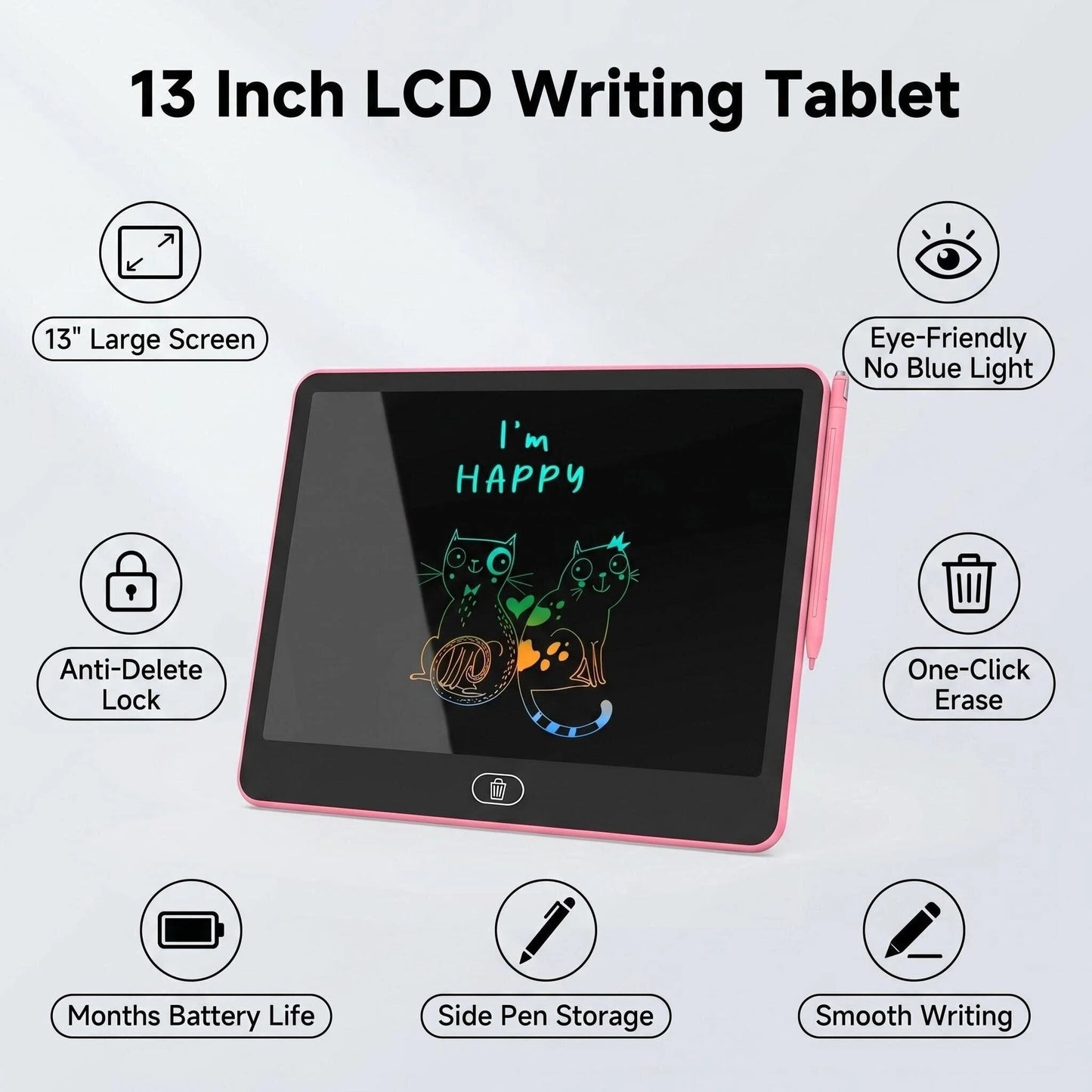 LCD Writing Tablet for Kids, 12.5 Inch Reusable Doodle Board, Educational & Travel Toy Gift for 3-12 Year Old Boys Girls, Pink