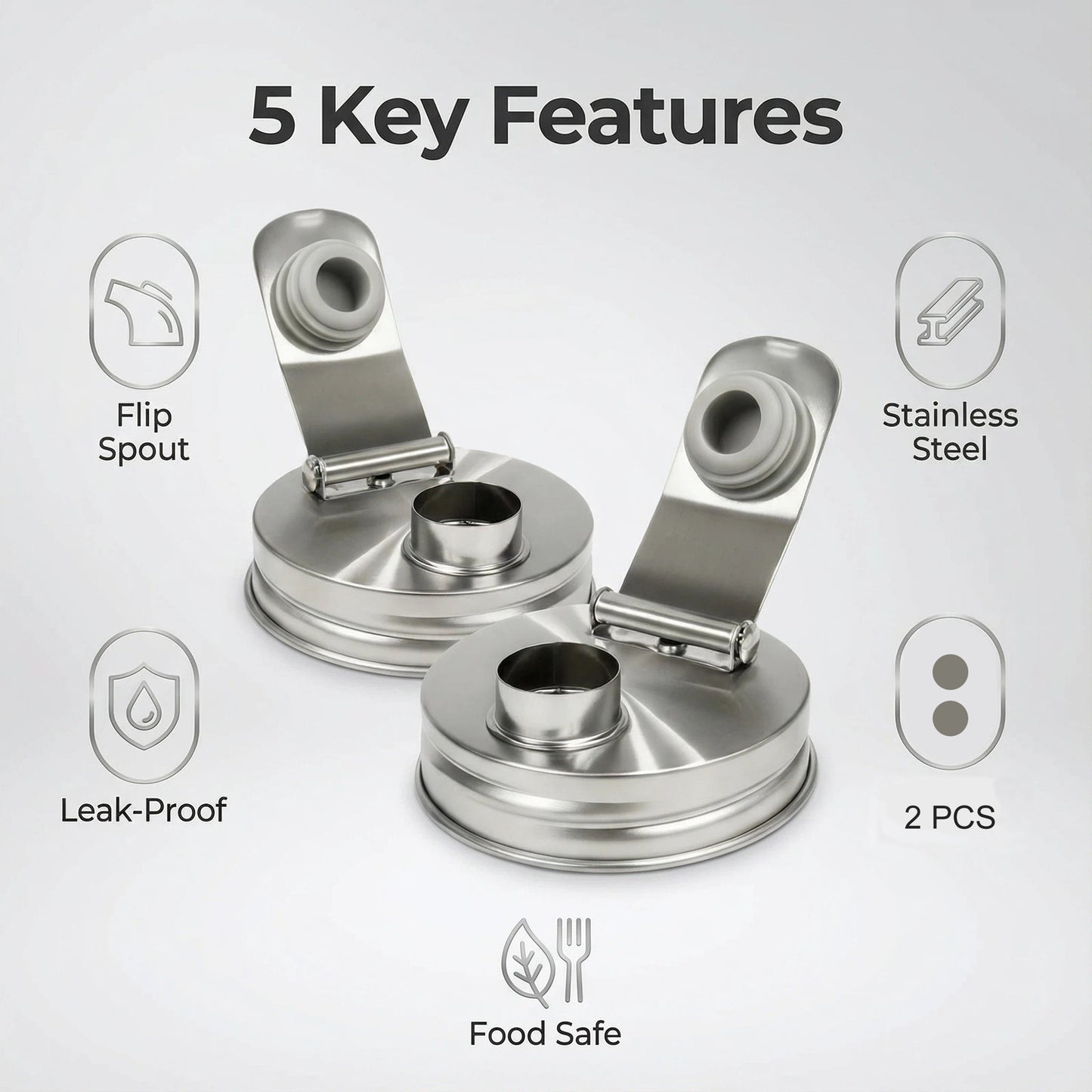 DIDUBUY 2PCS Wide-mouth Mason Jar Lids with Pour Spout | Stainless Steel Airtight Flip Cap Lids – Leak Proof for Storage, Drinking & Meal Prep