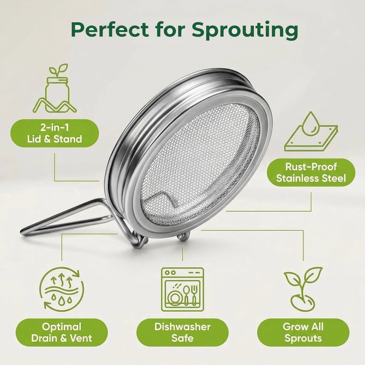 4 Pcs Wide Mouth Mason Jar Sprouting Lids, 2-in-1 Stainless Steel Reusable Germination Lid with Integrated Support Stand for Seed Sprout Growing