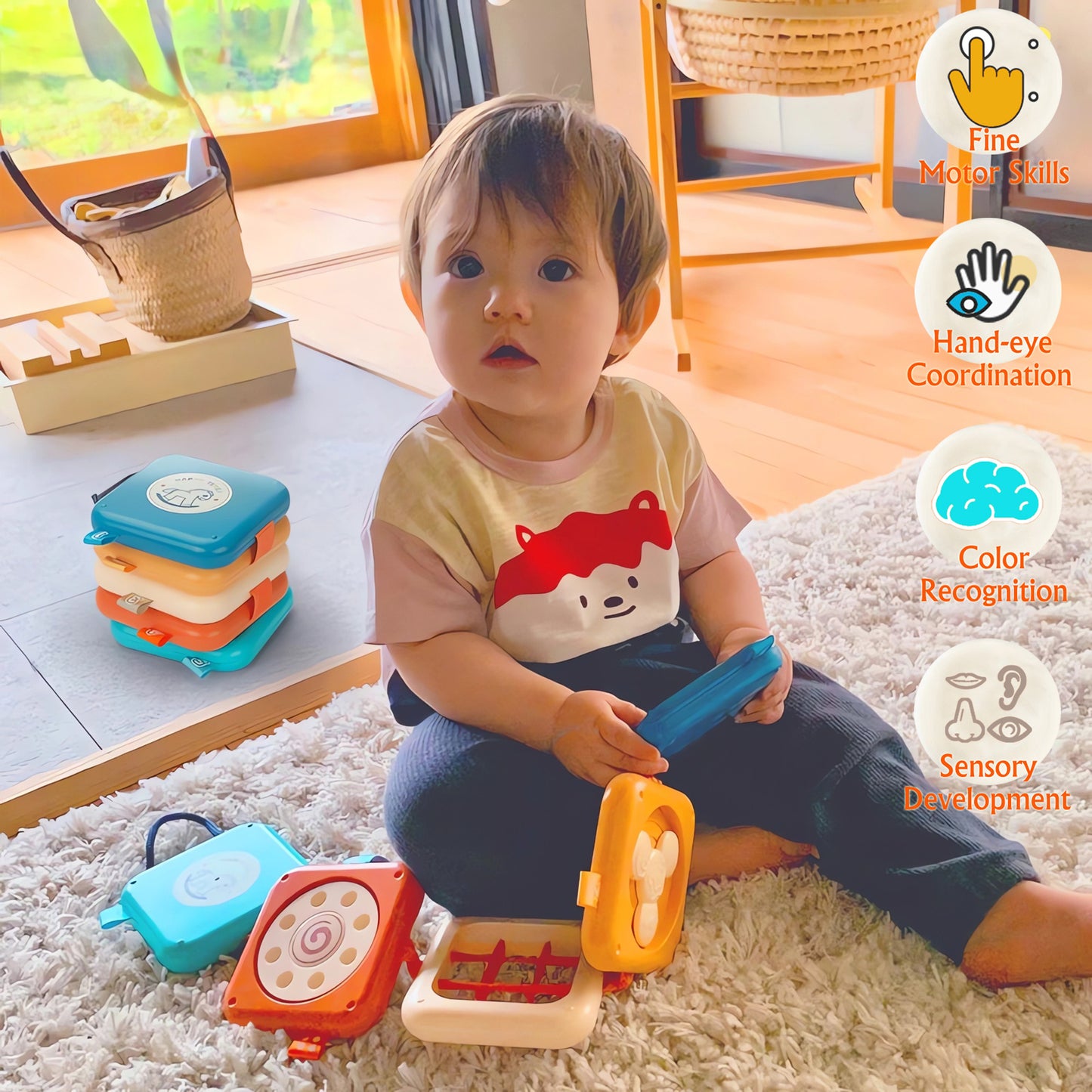 DIDUBUY Montessori Busy Board for 1.5+ Year Old | 8-in-1 Sensory Travel Toys for Toddlers | Fine Motor Skills Activity Busy Cube for Babies Birthday Gifts