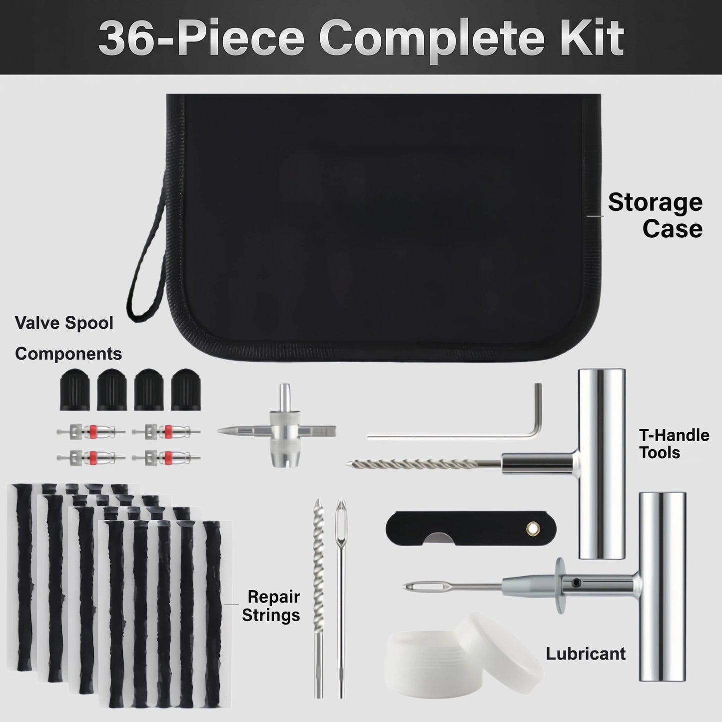 36 Pcs Tubeless Tire Repair Kit, Emergency Flat Tire Plug Tool Set for Car, SUV, Motorcycle, Truck, RV, Jeep, Tractor, Lawn Mower