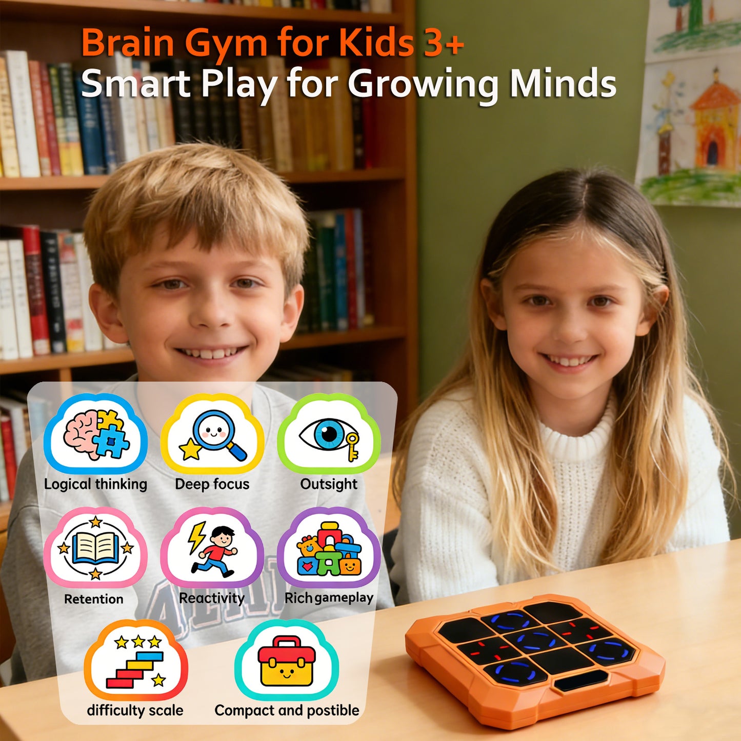 DIDUBUY Electronic Tic Tac Toe Game for Easter Gifts, 6-in-1 Rechargeable Handheld Puzzle Game Console with Mute, Brain Teaser Travel Toy for Kids Ages 4 5 6 7 8+ Year Old Boys Girls, Orange