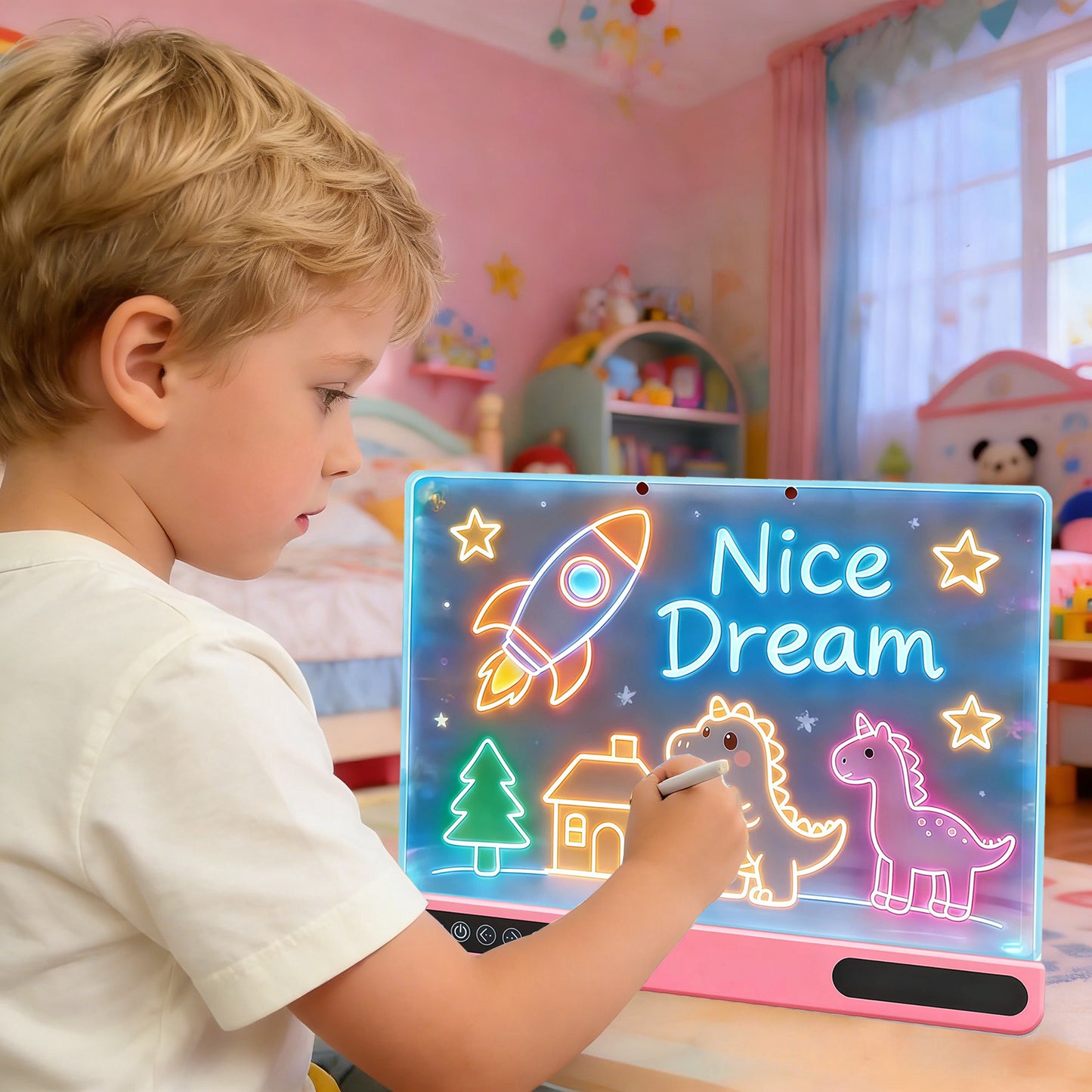 16 inch Rechargeable LED Drawing Board for Kids, 10-Color Light Up Doodle Pad, 1500mAh Battery, Digital Display, Touch Buttons & Built-in Stand, Pink