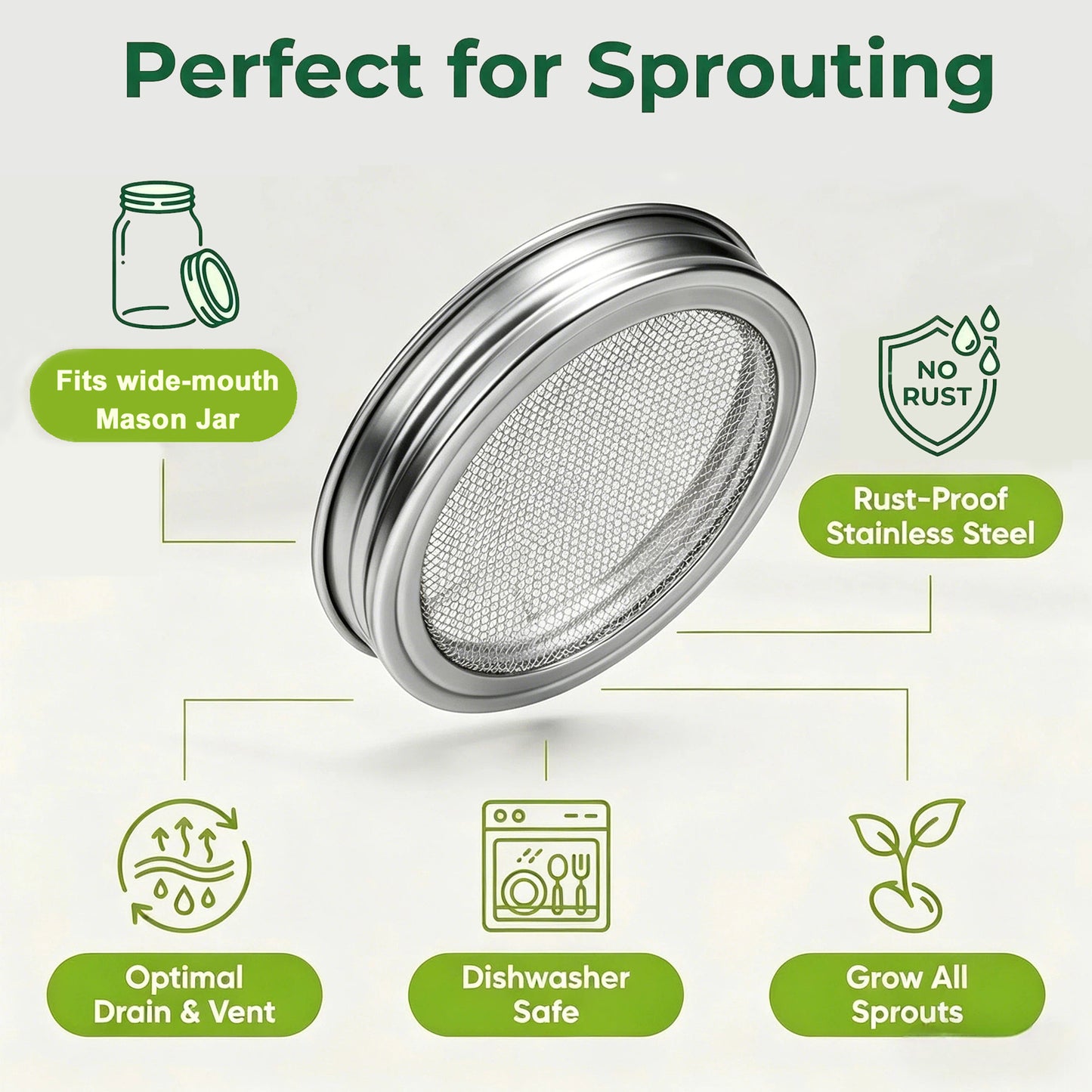 4 Pack Seed Sprouting Lids, 304 Stainless Steel Mesh Strainer Lids for Wide Mouth Mason Jars, Growing Organic Sprouts, Food Sifter