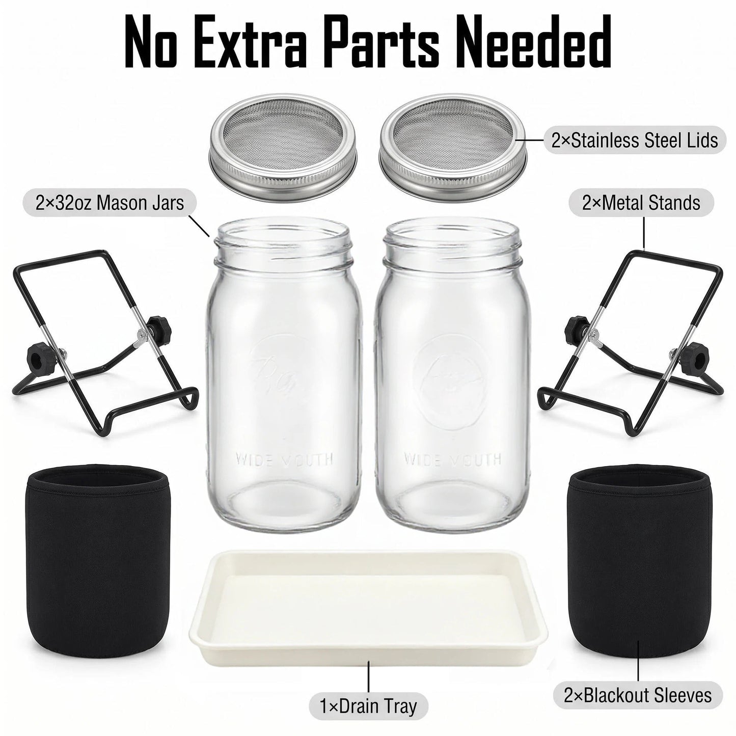 2 Set Sprouting Jar Kit, 32oz Wide Mouth Mason Jars with Sprout Lids, Stand, Drain Tray & Blackout Sleeves - Seed Sprouter Kit for Growing Mung Beans, Broccoli, Alfalfa Microgre