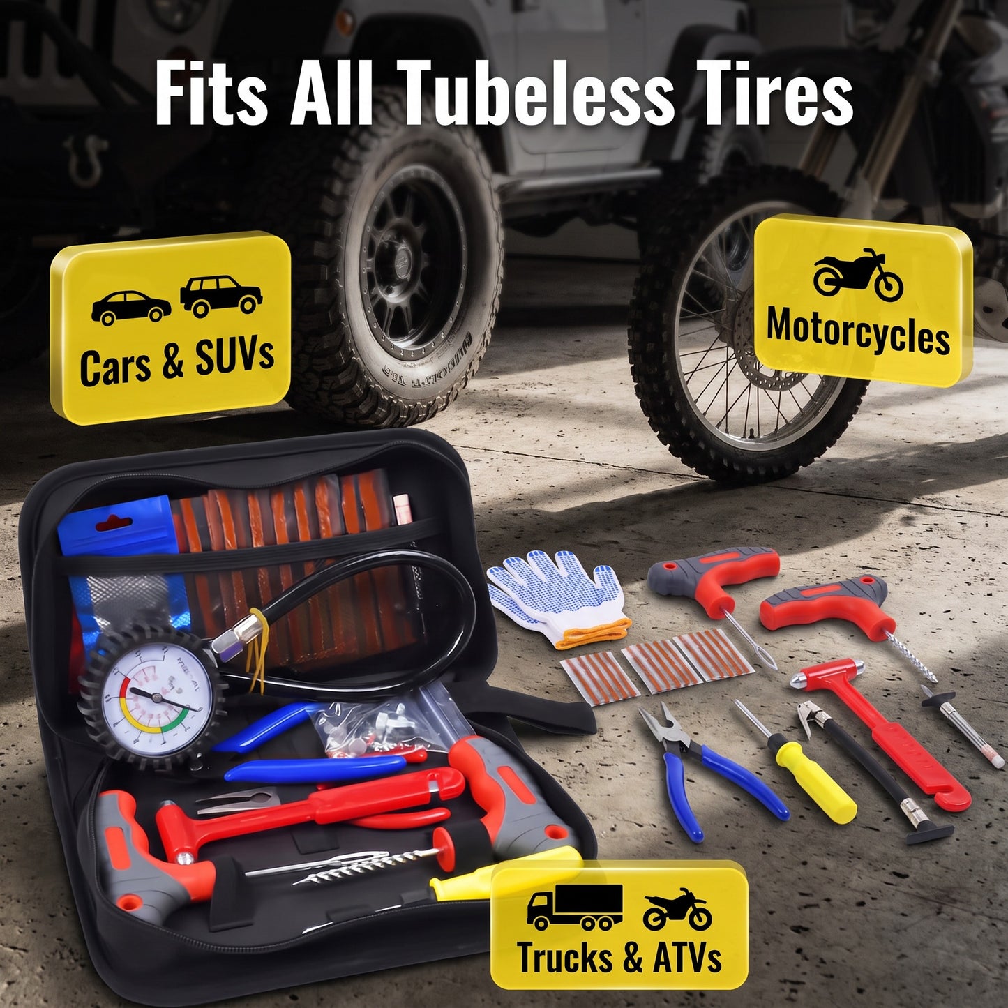 73 Pcs Tubeless Tire Repair Kit, Emergency Flat Tire Plug Tool Set for Car, SUV, Motorcycle, Truck, RV, Jeep, Tractor, Lawn Mower