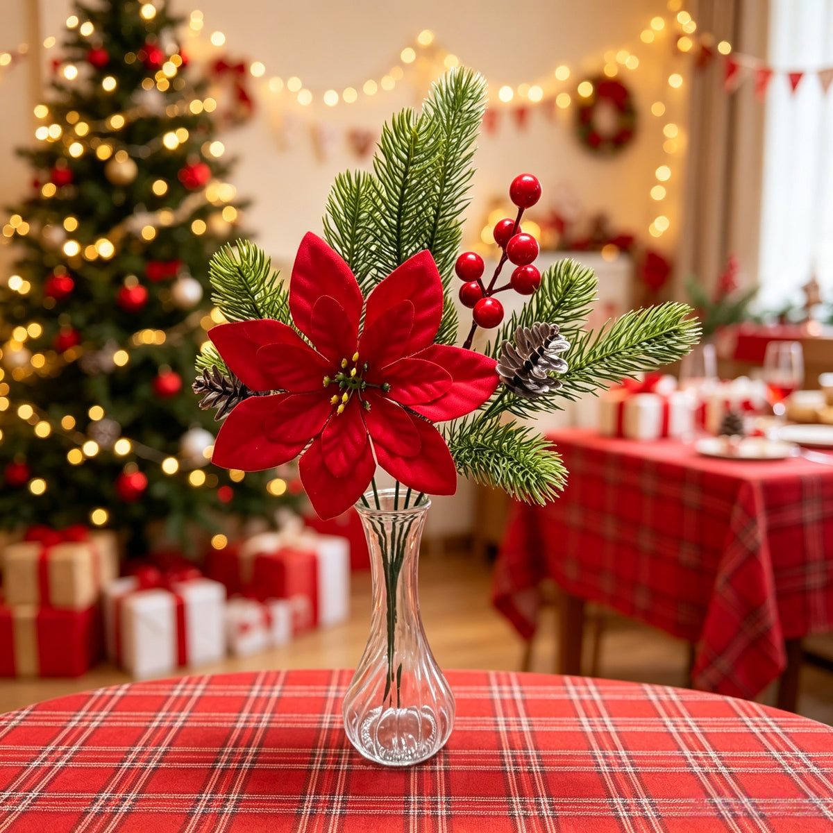 6 Pcs Artificial Plants Flowers Christmas Floral Picks, Velvet Poinsettia with Pine Cones Red Berries Pine Needles, Flexible Stems for Xmas Tree Thanksgiving Winter Table Centerpieces Indoor