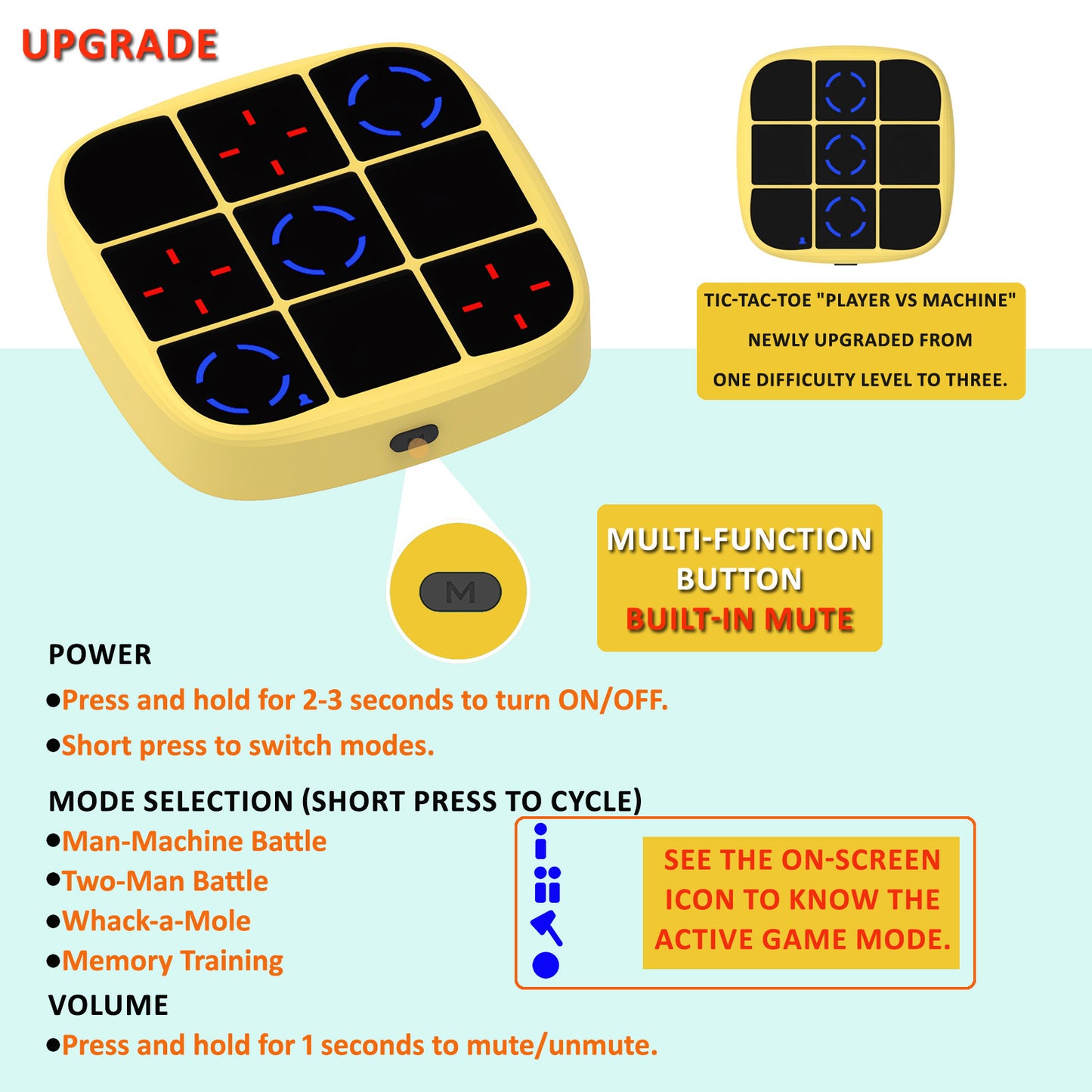 DIDUBUY Electronic Tic Tac Toe Game, Upgraded 4-in-1 Handheld Digital Puzzle Game Console, Portable Travel Toys, Ideal Gift for Kids of All Ages, Yellow