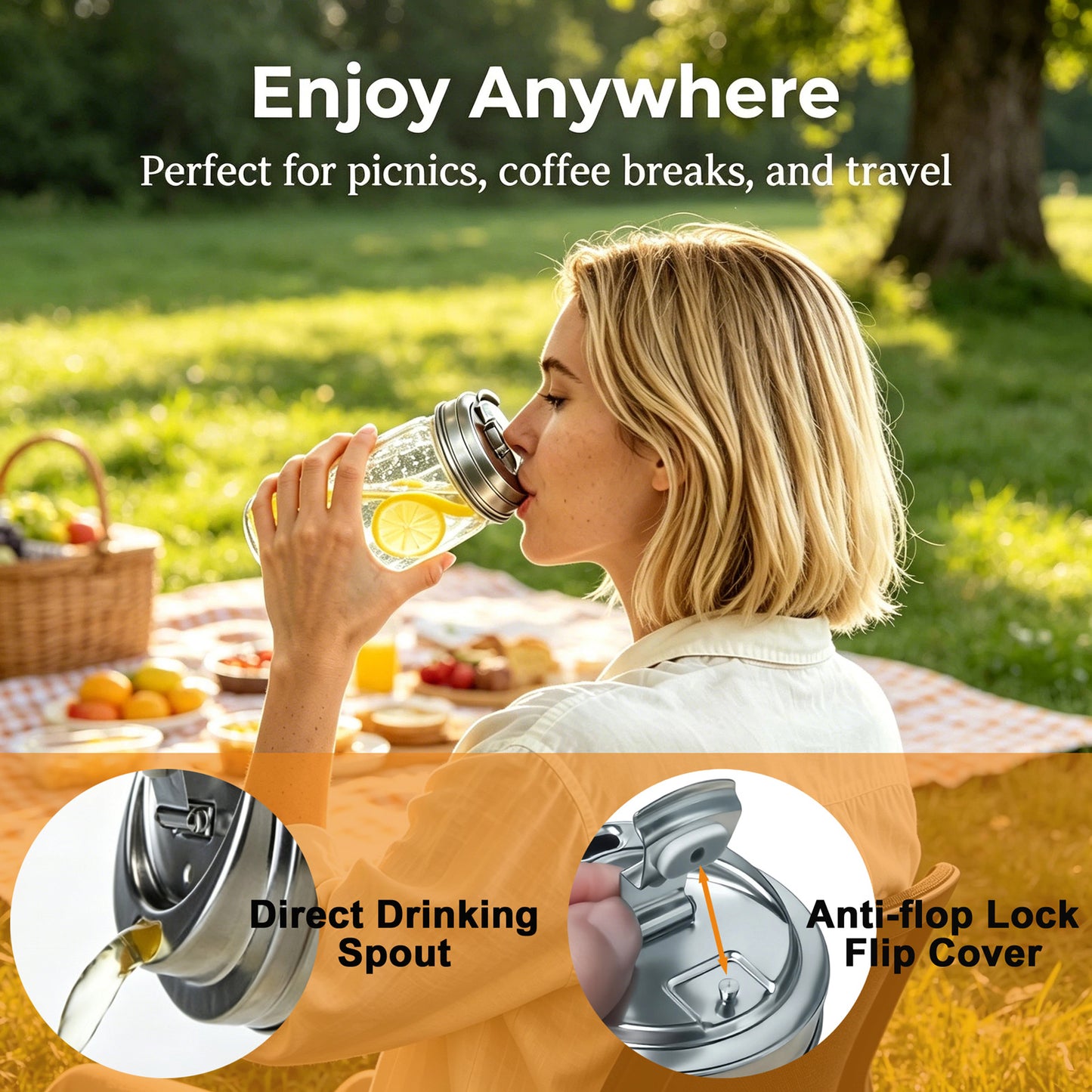 2 Pack Wide Mouth Mason Jar Drinking Lids, Stainless Steel Flip Top Lid, Airtight Leak Proof Anti-Crack Jar Cap for Iced Coffee Smoothie Cold Drinks