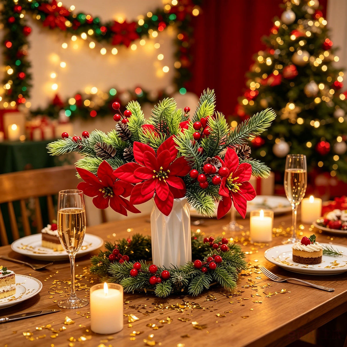6 Pcs Artificial Plants Flowers Christmas Floral Picks, Velvet Poinsettia with Pine Cones Red Berries Pine Needles, Flexible Stems for Xmas Tree Thanksgiving Winter Table Centerpieces Indoor