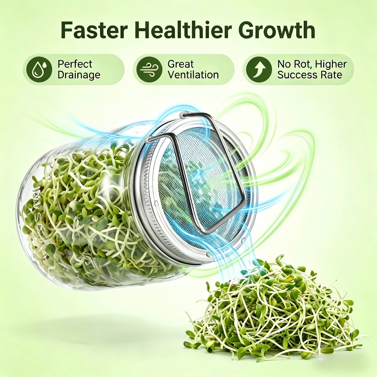 4 Pcs Wide Mouth Mason Jar Sprouting Lids, 2-in-1 Stainless Steel Reusable Germination Lid with Integrated Support Stand for Seed Sprout Growing