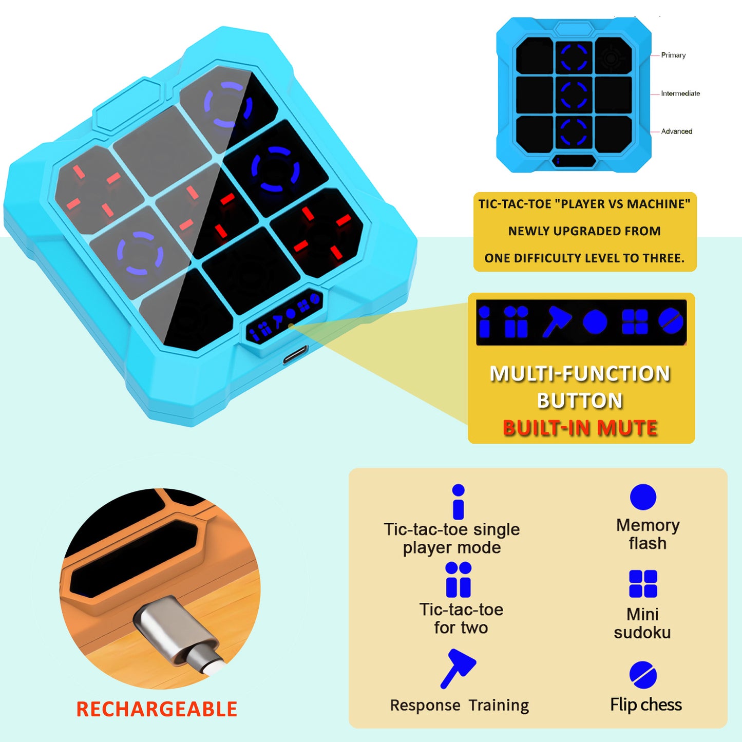 DIDUBUY Electronic Tic Tac Toe Game for Easter Gifts, 6-in-1 Rechargeable Handheld Puzzle Game Console with Mute, Brain Teaser Travel Toy for Kids Ages 4 5 6 7 8+ Year Old Boys Girls, Blue