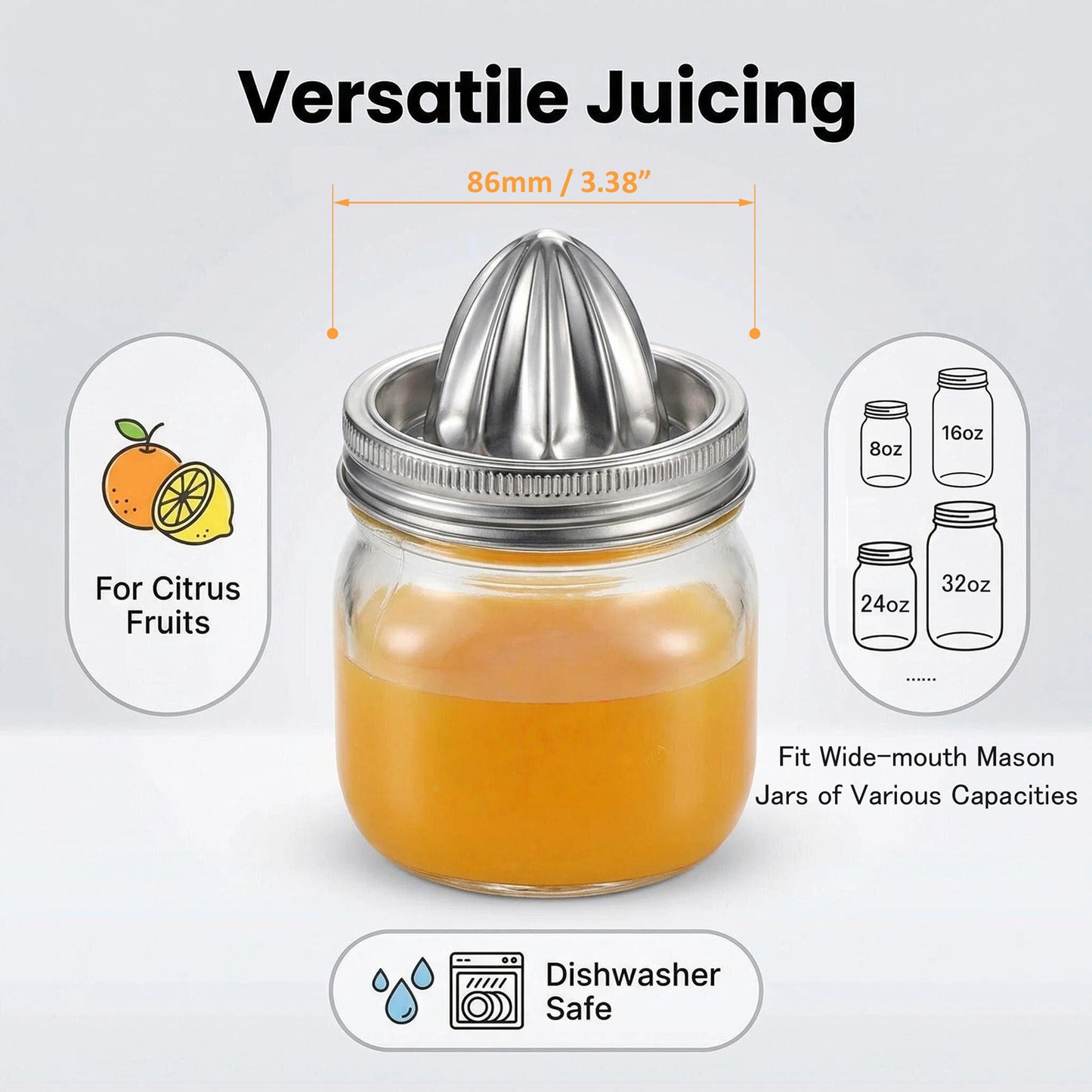 DIDUBUY 2 Pack Stainless Steel Juicer Lid for Wide Mouth Mason Jars – Manual Citrus Reamer & Press for Lemons, Oranges, Limes – Dishwasher Safe, BPA-Free