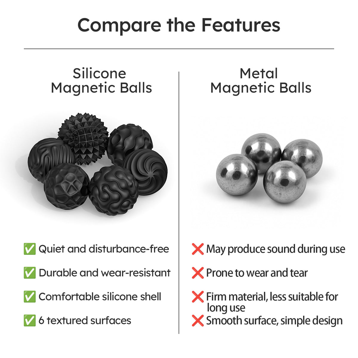 6 Pcs Magnetic Sensory Balls for Adults & Teens, Silicone Quiet Desk Stress Relief Fidget Ball Toys for Autism, Anxiety, Fun Gift Idea, Black