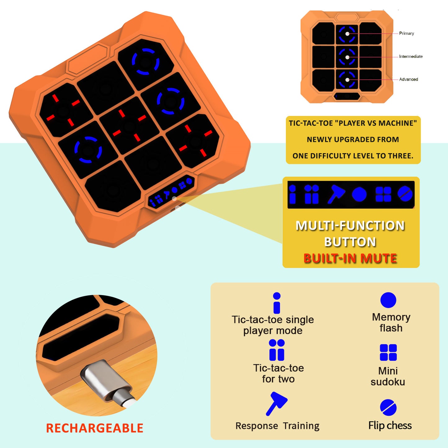DIDUBUY Electronic Tic Tac Toe Game for Easter Gifts, 6-in-1 Rechargeable Handheld Puzzle Game Console with Mute, Brain Teaser Travel Toy for Kids Ages 4 5 6 7 8+ Year Old Boys Girls, Orange