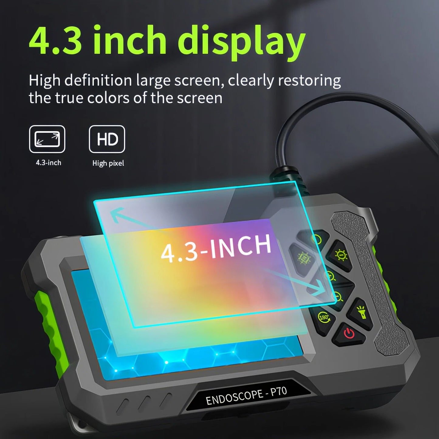 4.3" Borescope Camera with Light, 1080P HD Endoscope Snake Inspection Camera, 16.5ft Semi-Rigid Cable, IP67 Waterproof, 2600mAh Rechargeable Battery